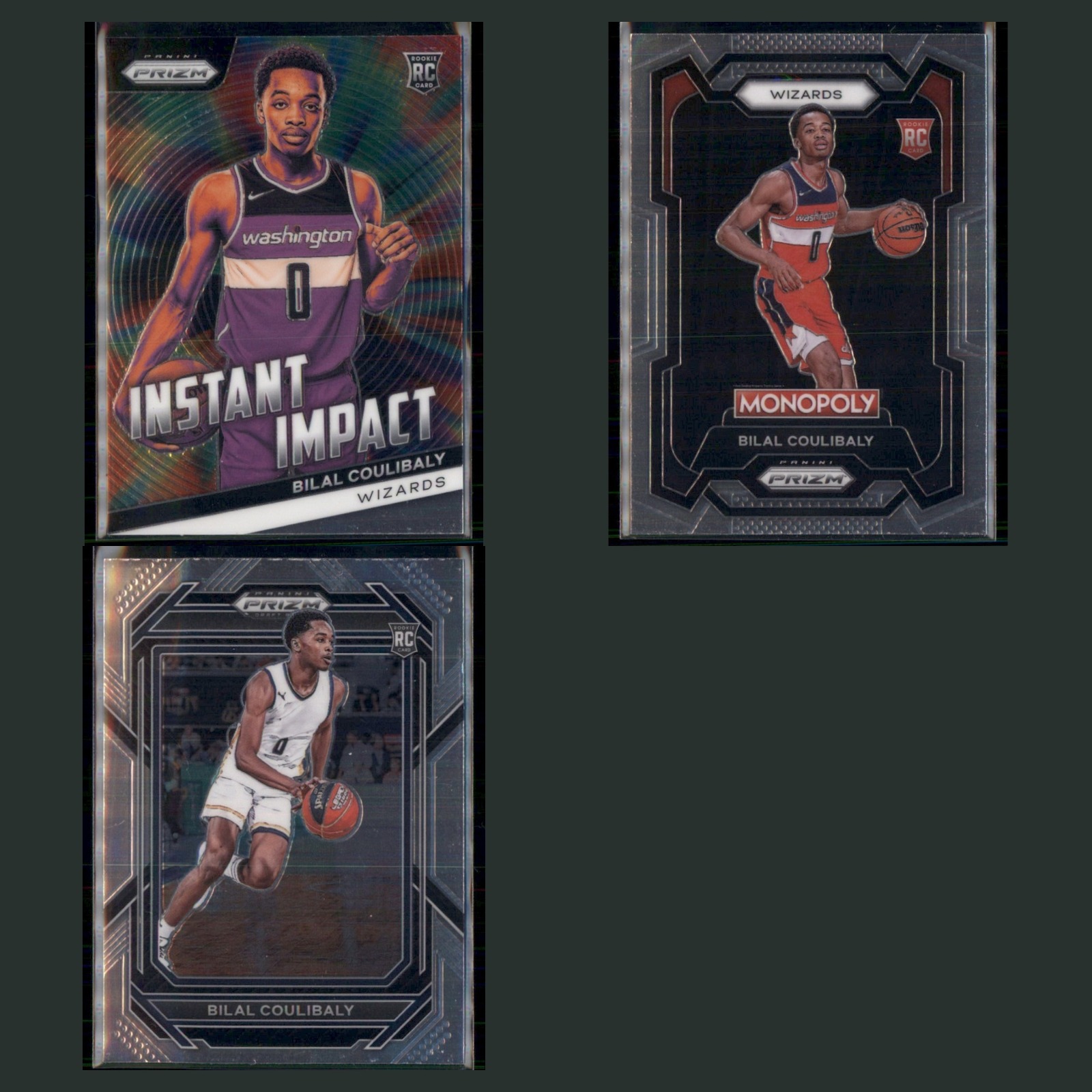 Bilal Coulibaly Rookie Lot 3 Basketball Cards 2023 Panini Prizm Instant Impact card scans. Overall card condition is Near Mint.