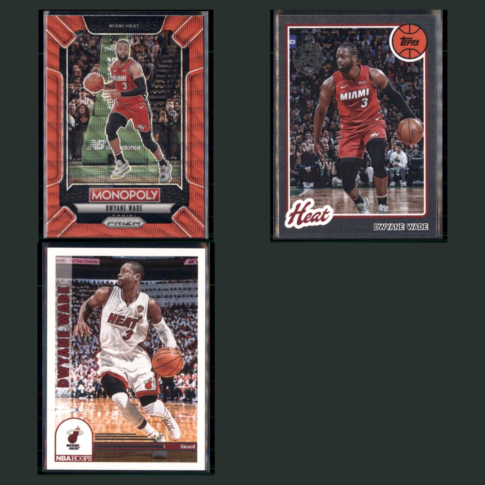 Dwyane Wade Lot 3 Basketball Cards 2024 Prizm Monopoly Red Wave Miami Heat Set card scans. Overall card condition is Near Mint.