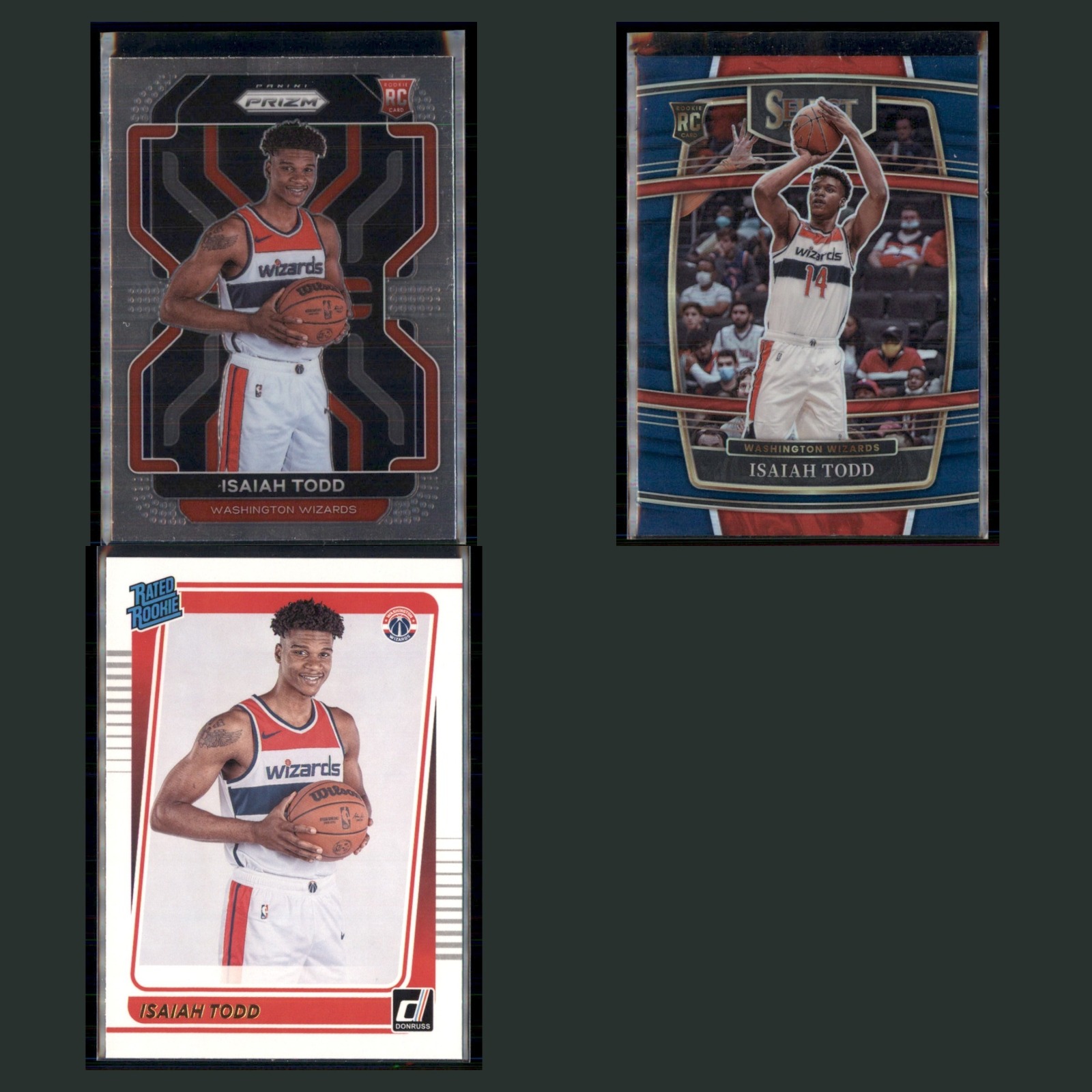 Isaiah Todd Rookie Lot 3 Basketball Cards 2021 Panini Prizm Washington Wizards card scans. Overall card condition is Near Mint.
