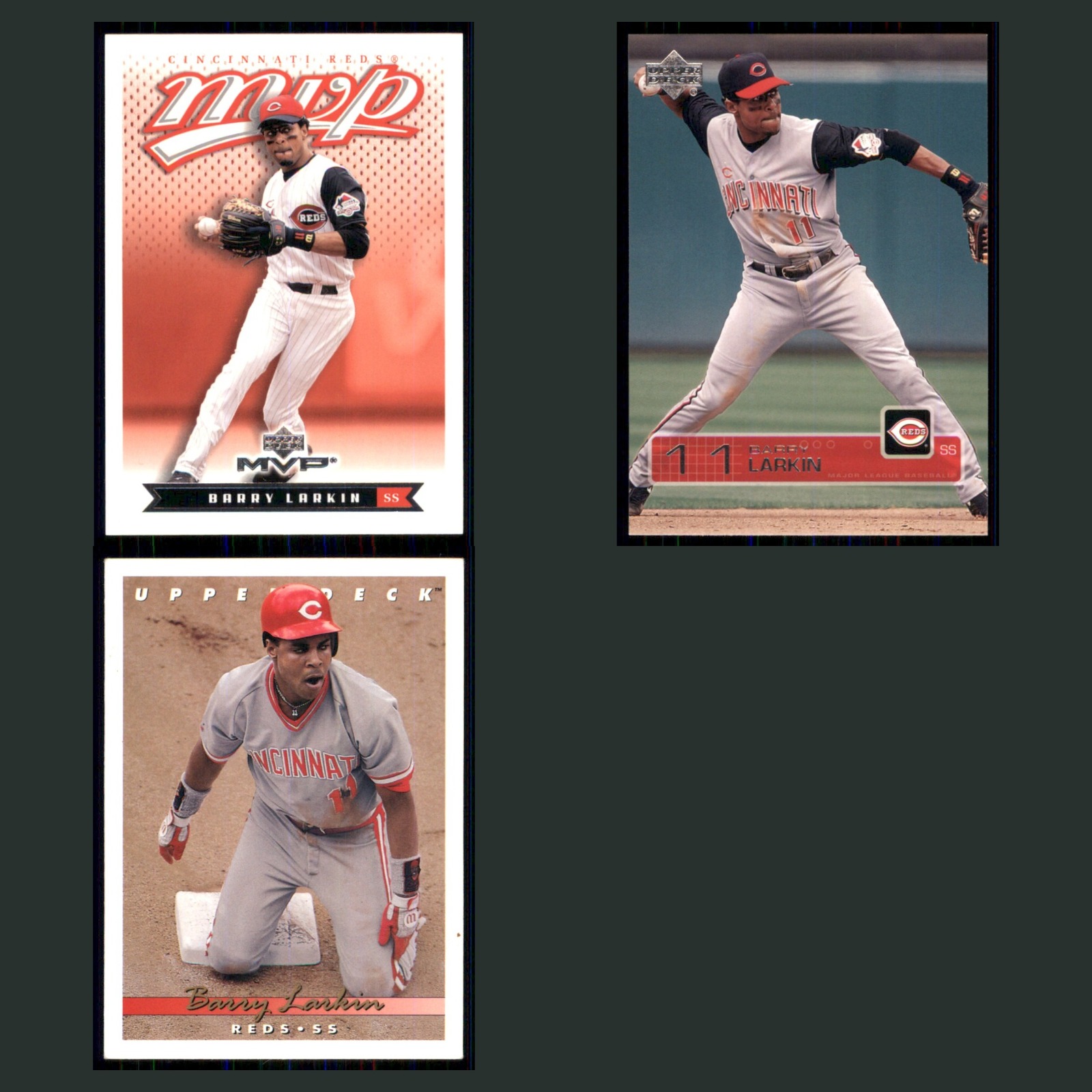 Barry Larkin Lot 3 Baseball Cards 2003 Upper Deck MVP Cincinnati Reds Set MLB NM card scans. Overall card condition is Near Mint.