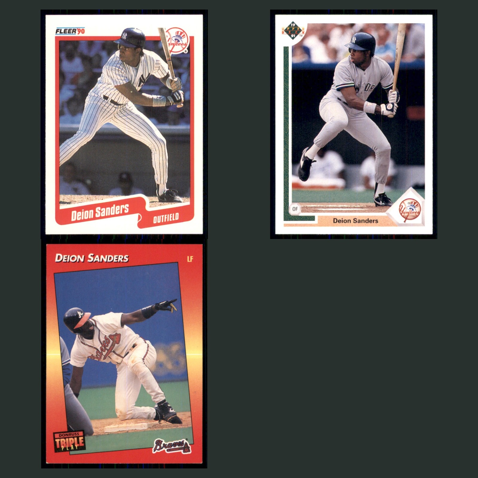 Deion Sanders Lot 3 Baseball Cards 1990 Fleer New York Yankees Set Collection NM card scans. Overall card condition is Near Mint.