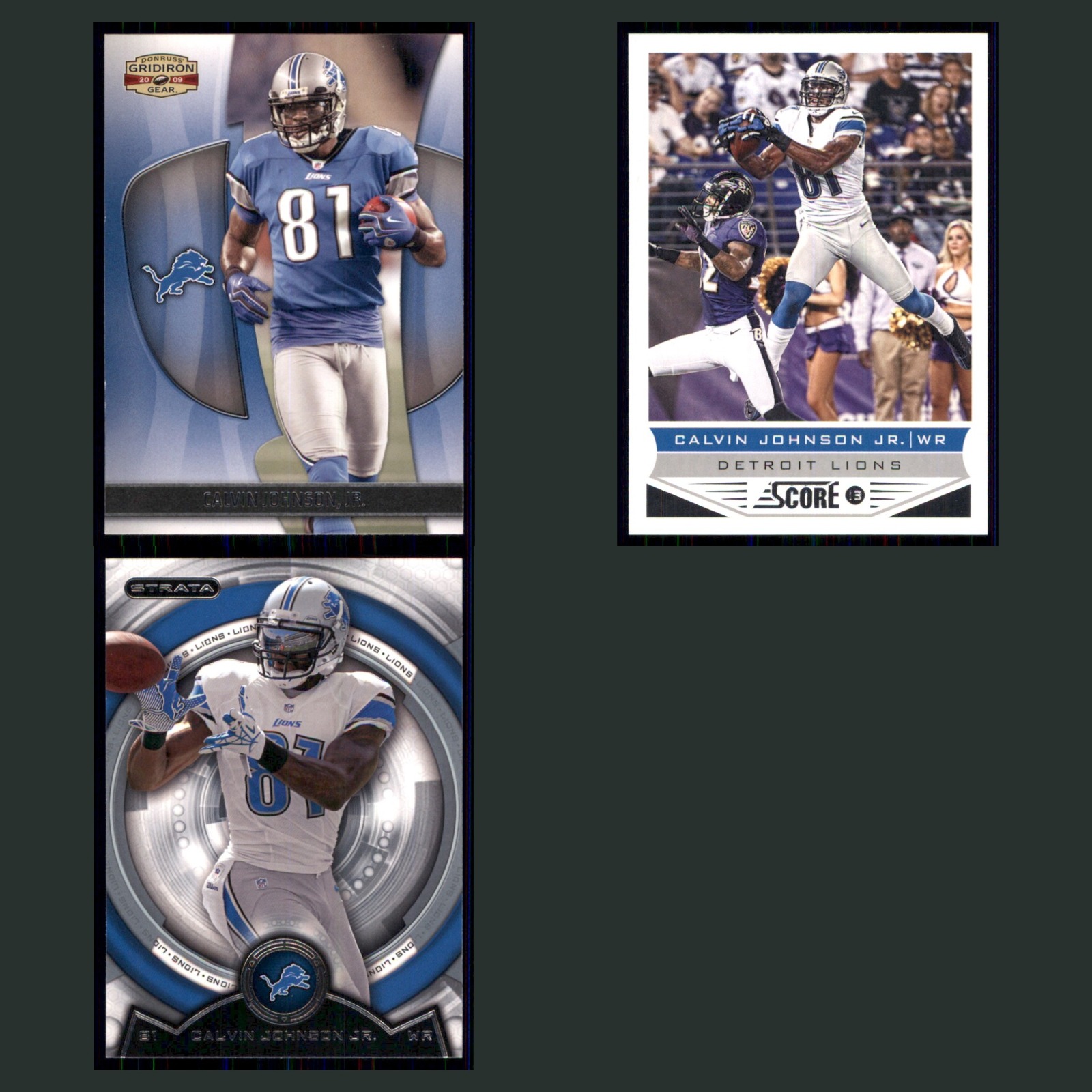 Calvin Johnson Lot 3 Football Cards 2009 Donruss Gridiron Gear Detroit Lions Set card scans. Overall card condition is Near Mint.