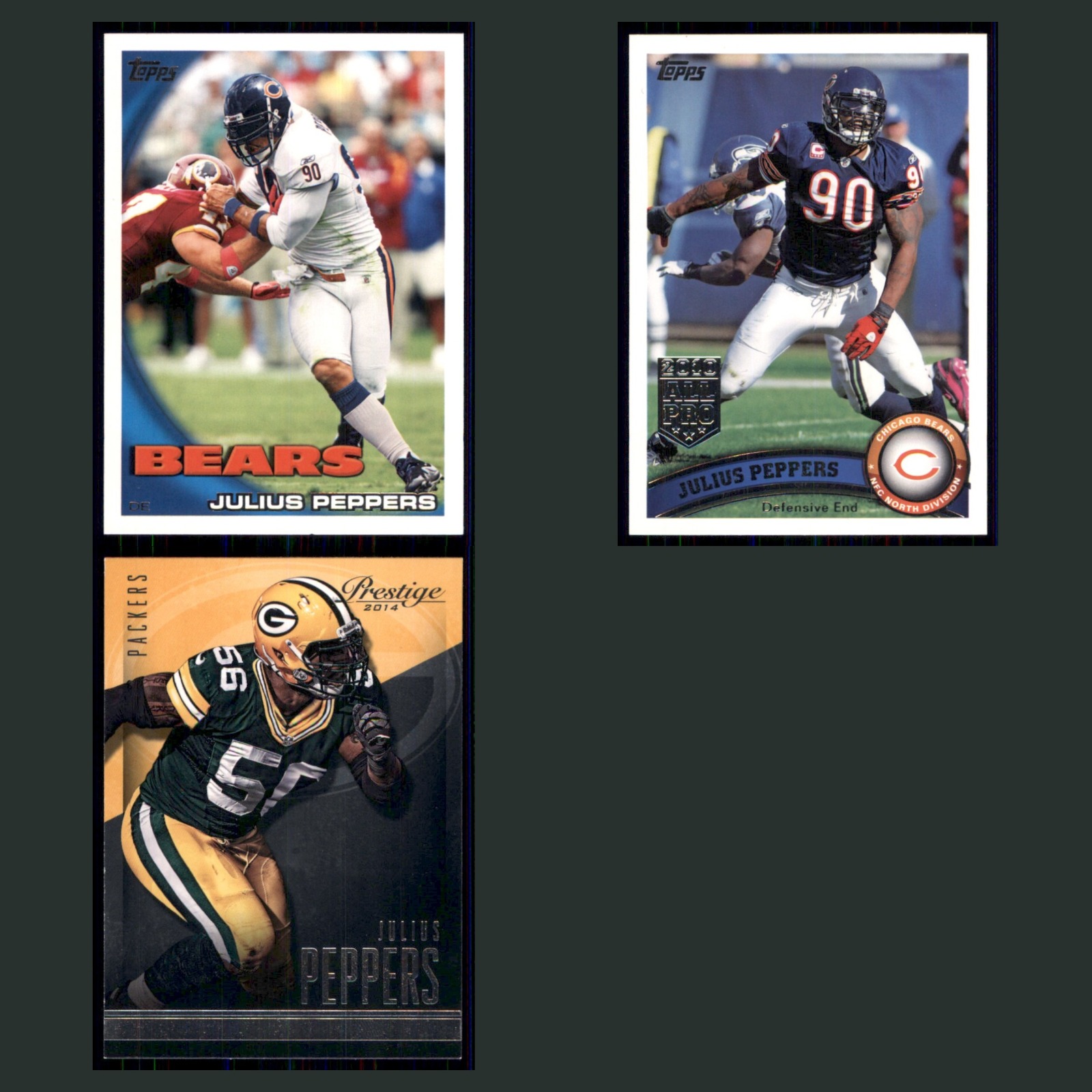 Julius Peppers Lot 3 Football Cards 2010 Topps Chicago Bears Set Collection NFL card scans. Overall card condition is Near Mint.