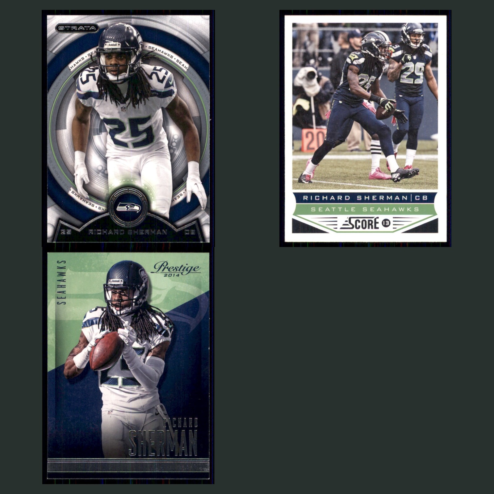 Richard Sherman Lot 3 Football Cards 2013 Topps Strata Seattle Seahawks Set NFL card scans. Overall card condition is Near Mint.