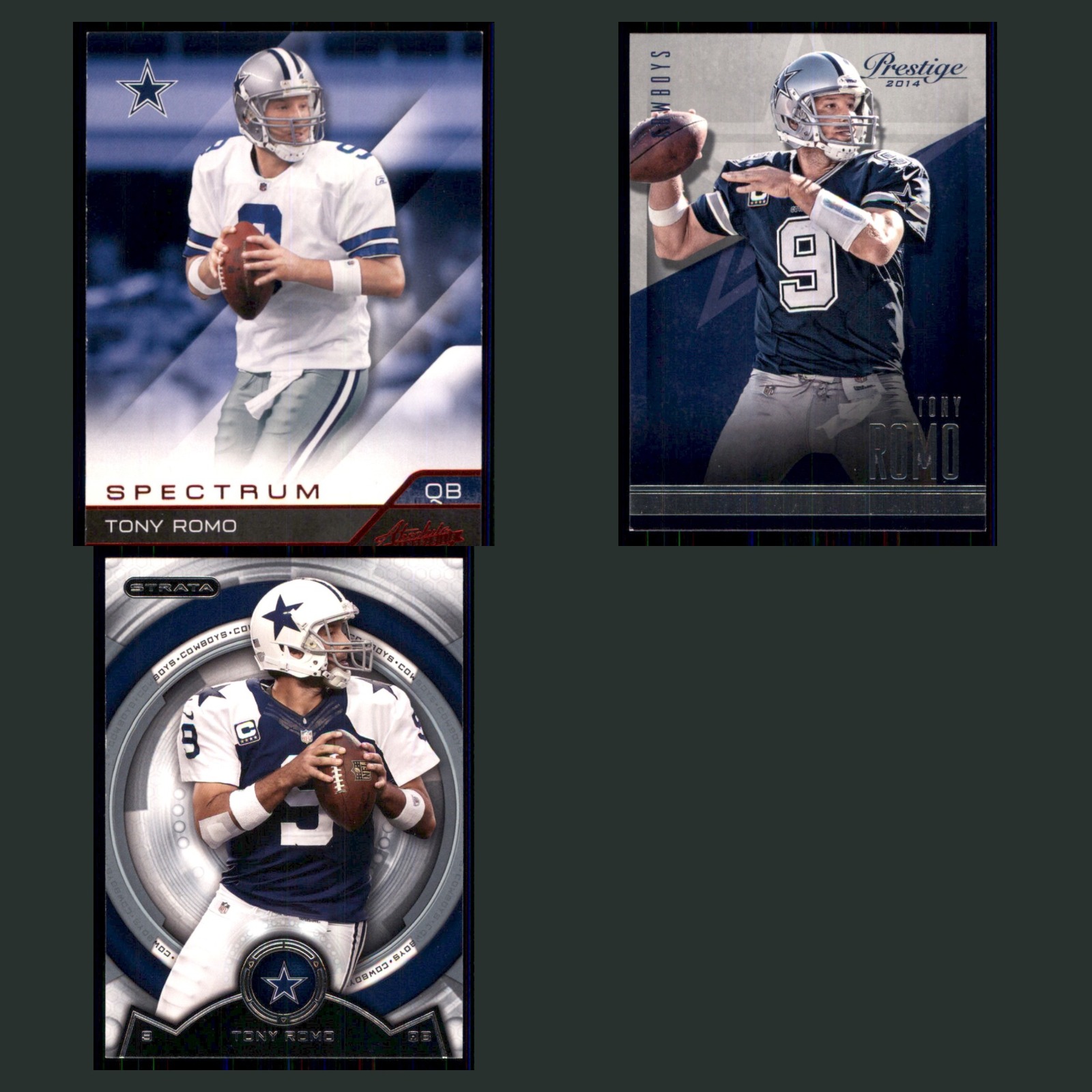 Tony Romo Lot 3 Football Cards 2011 Panini Absolute Memorabilia Spectrum Cowboys card scans. Overall card condition is Near Mint.