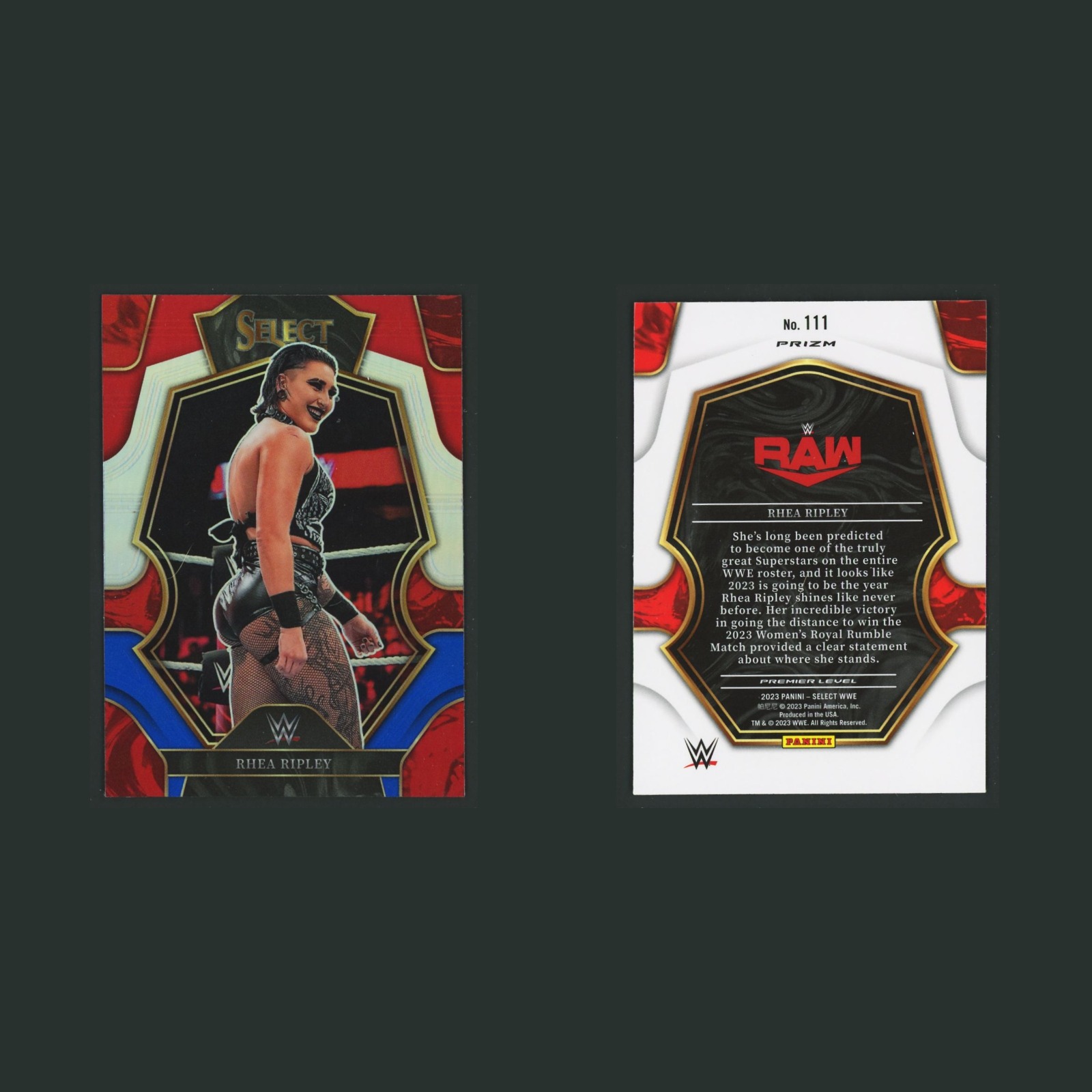 Rhea Ripley #111 2023 Select Red White Blue Prizm RAW Wrestling Card front and back scans. Card condition is Near Mint.