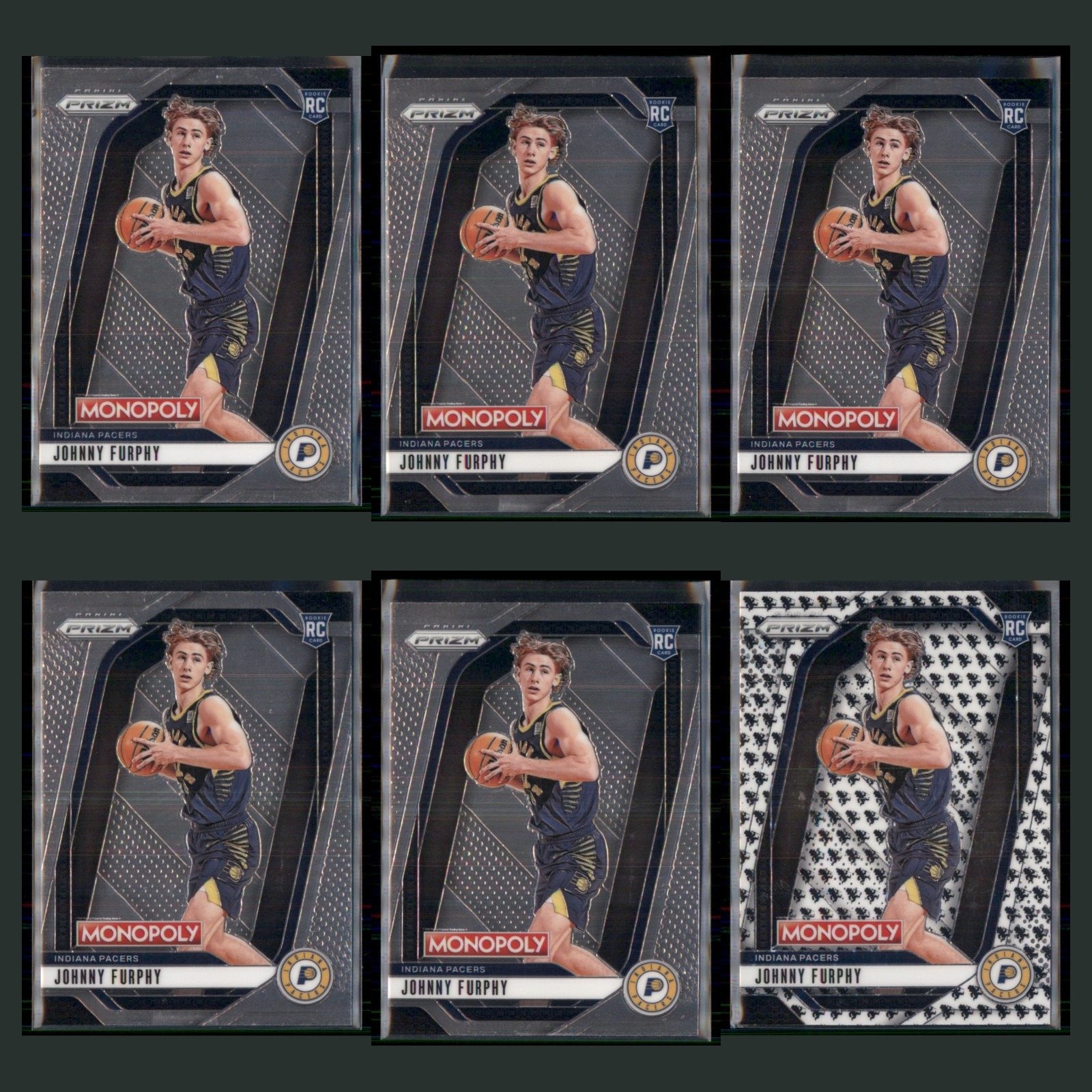 Johnny Furphy Rookie Lot 6 Basketball Cards 2024 Panini Prizm Monopoly Pacers NM card scans. Overall card condition is Near Mint.