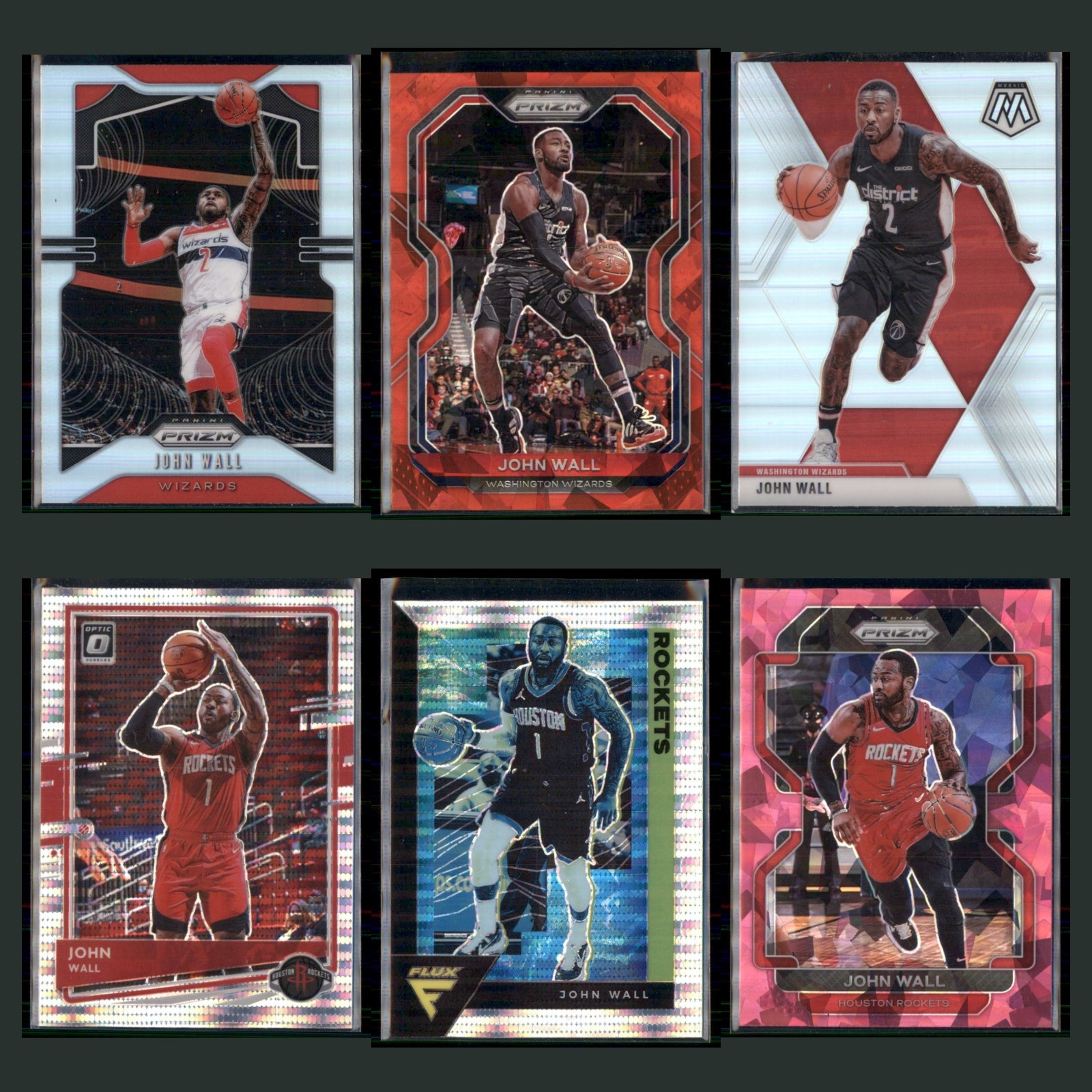 John Wall Lot 6 Basketball Cards 2019 Panini Prizm Silver Washington Wizards Set card scans. Overall card condition is Near Mint.