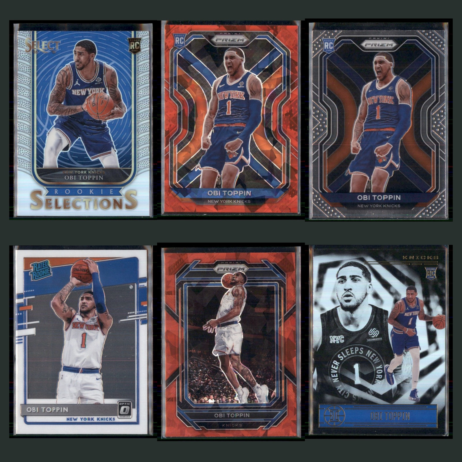 Obi Toppin Rookie Lot 6 Basketball Cards 2020 New York Knicks Set Collection NBA card scans. Overall card condition is Near Mint.