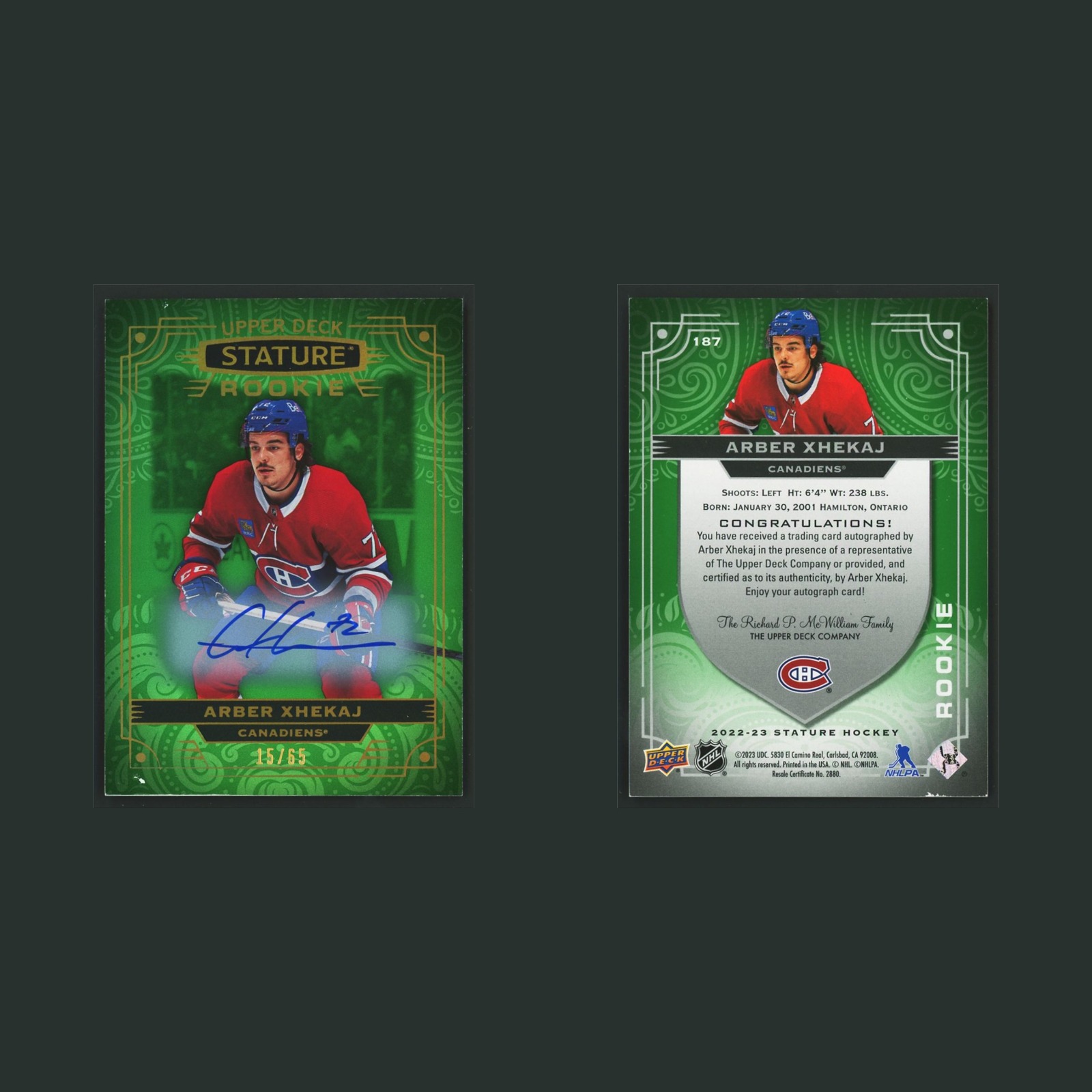 Arber Xhekaj Rookie /65 #187 Autograph 2022-23 Upper Deck Stature Hockey Green front and back scans. Card condition is Excellent.