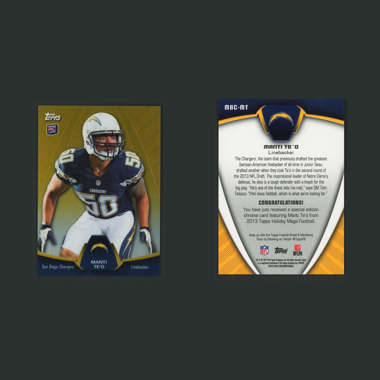 Manti Te'o #MBC-MT 2013 Topps Holiday Mega San Diego Chargers Football Card NFL front and back scans. Card condition is Near Mint.