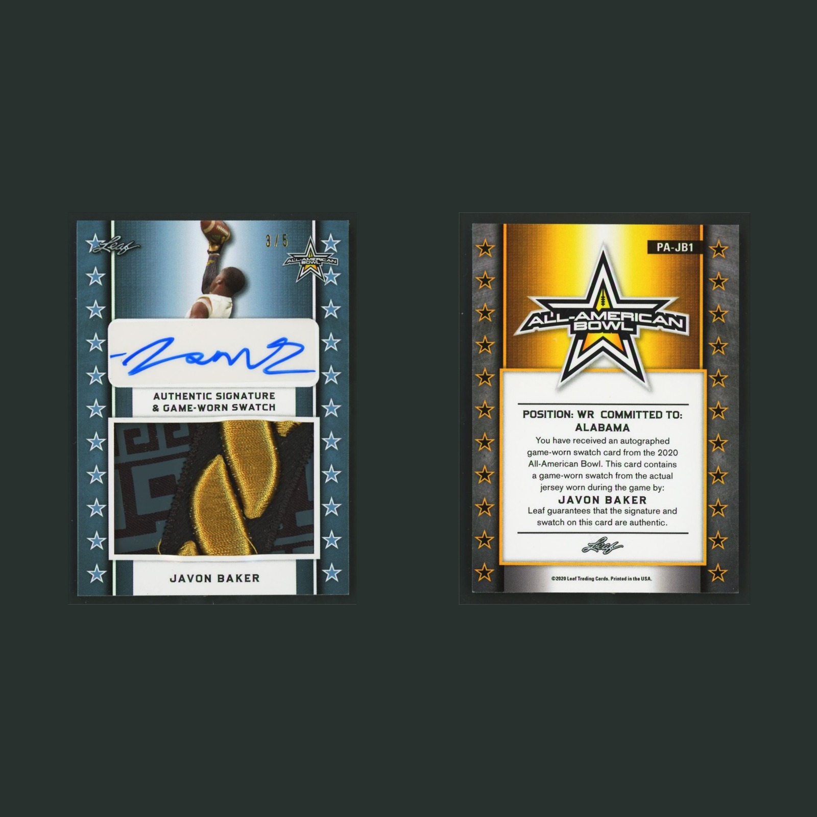 Javon Baker Patch Auto /5 #PA-JB1 Autograph 2020 Leaf Metal All American Bowl front and back scans. Card condition is Near Mint.