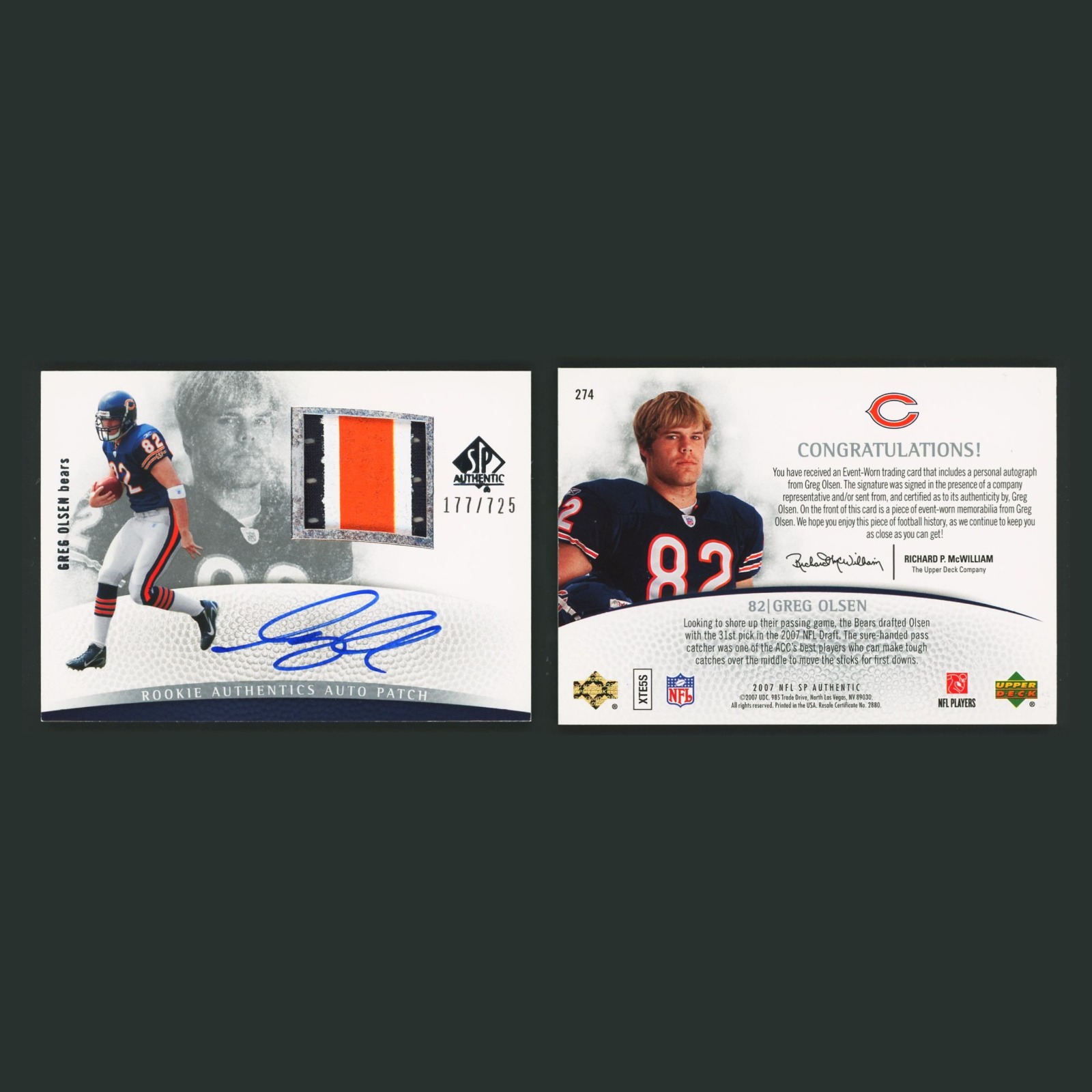 Greg Olsen Rookie /725 #274 Autograph 2007 SP Authentic Chicago Bears Football front and back scans. Card condition is Near Mint.