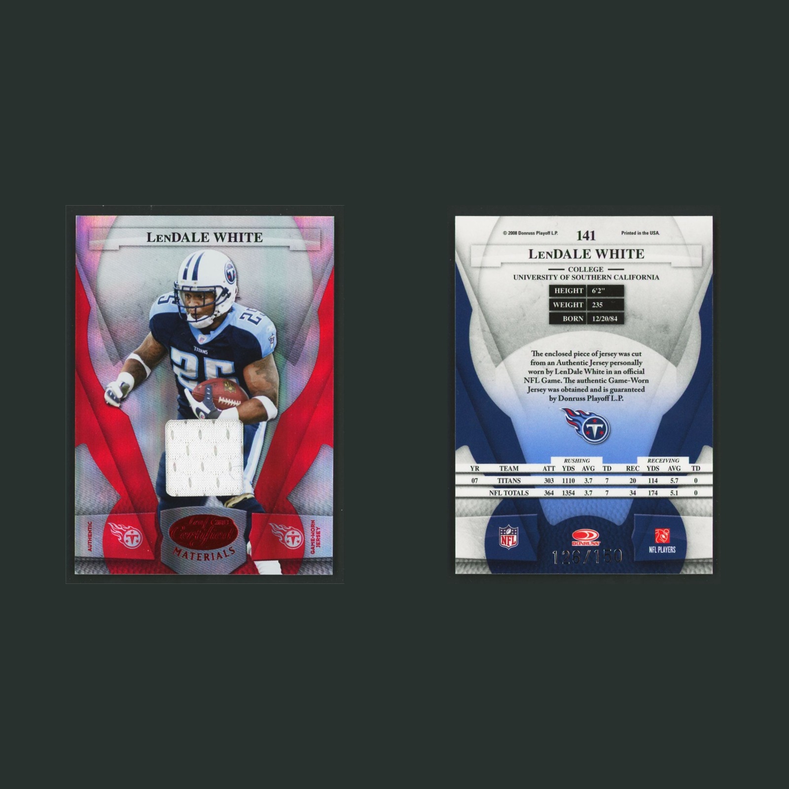 LenDale White Patch /150 #141 2008 Leaf Certified Materials Mirror Red Materials front and back scans. Card condition is Near Mint.