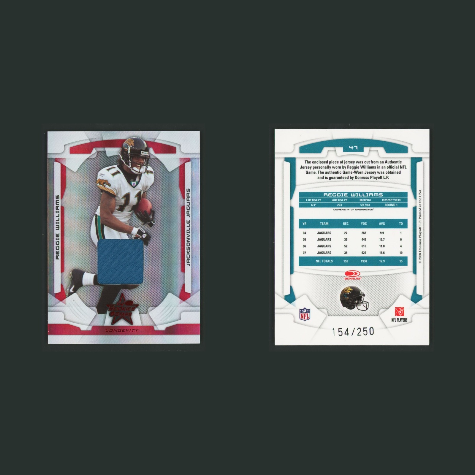 Reggie Williams /250 #47 2008 Leaf Rookies and Stars Longevity Jaguars Football front and back scans. Card condition is Near Mint.