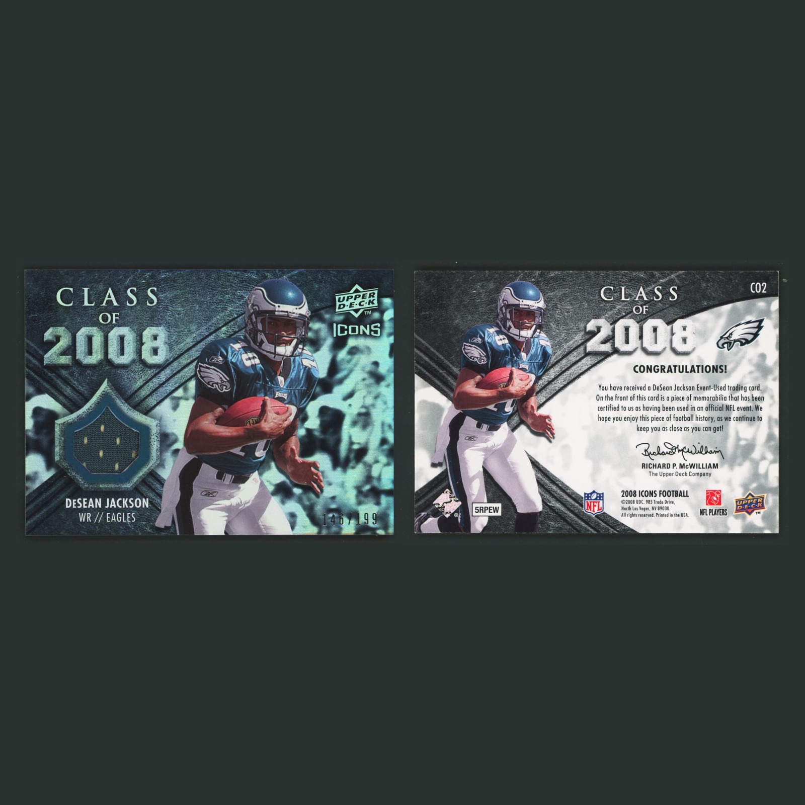 DeSean Jackson Patch /199 #CO2 2008 Upper Deck Icons Class of 2008 Jersey Silver front and back scans. Card condition is Near Mint.