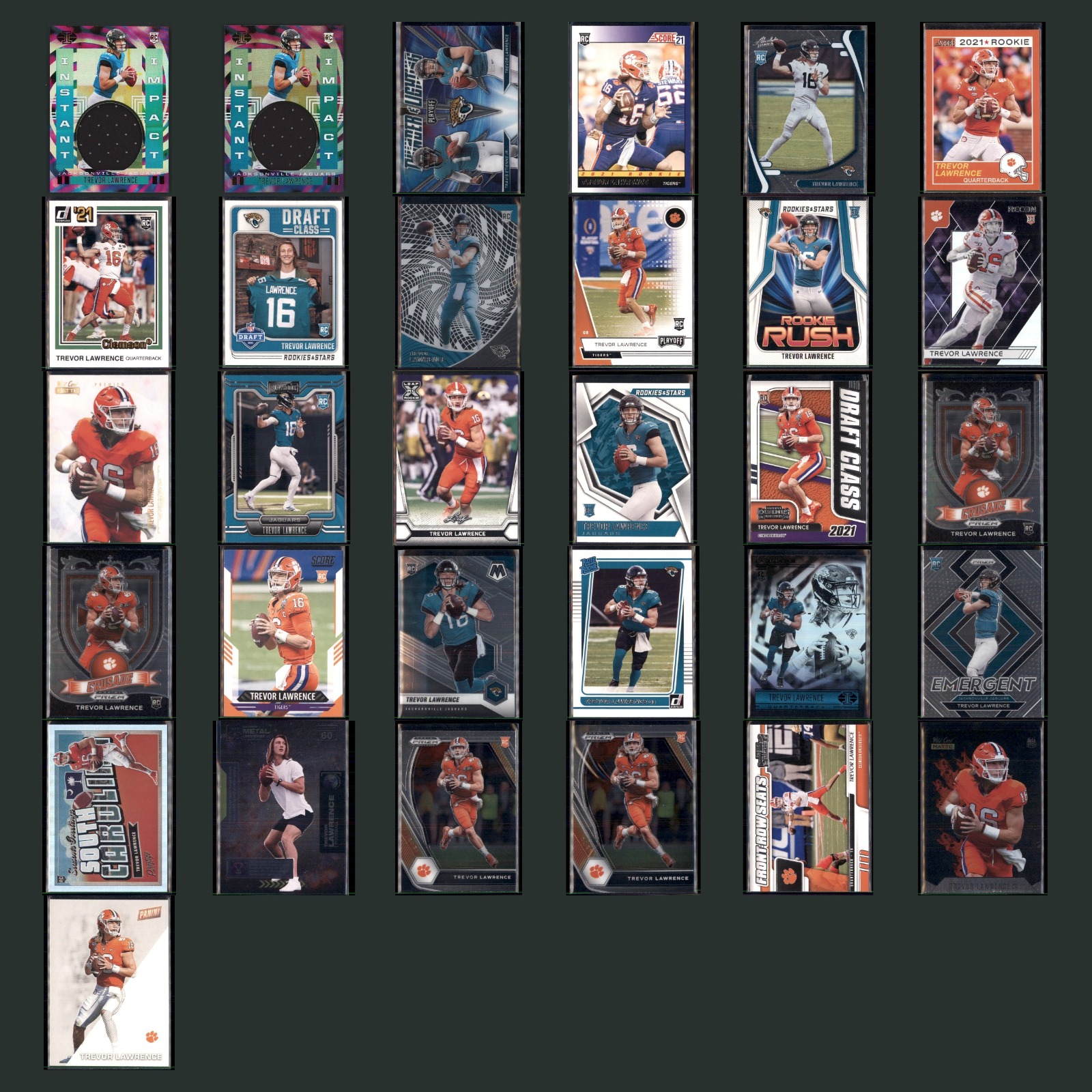 Trevor Lawrence Rookie Lot 31 Football Cards /99 Patch Inserts Parallels Jaguars card scans. Overall card condition is Near Mint.