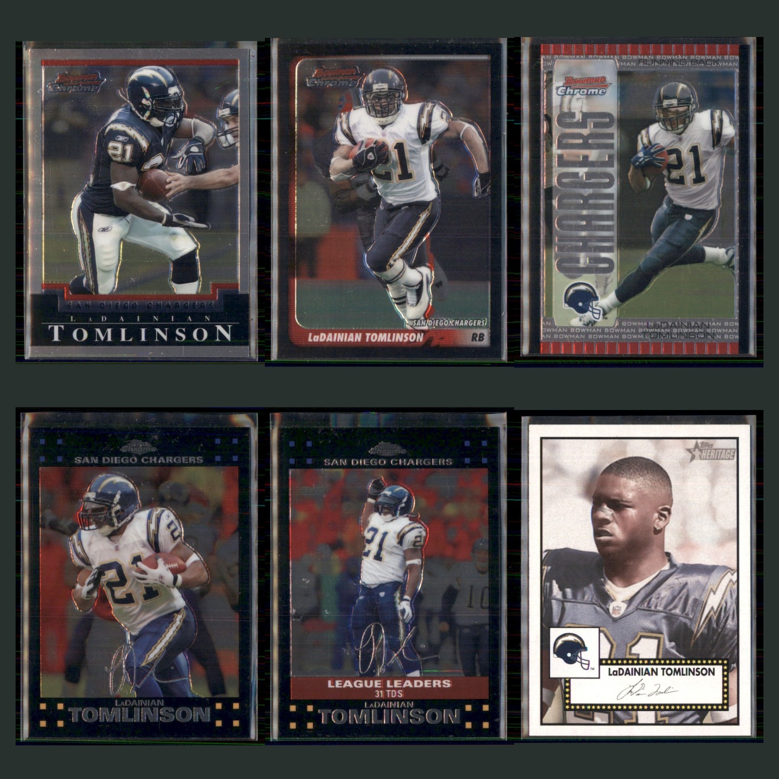 LaDainian Tomlinson Lot 6 Football Cards 2004 Bowman San Diego Chargers Set NFL card scans. Overall card condition is Near Mint.