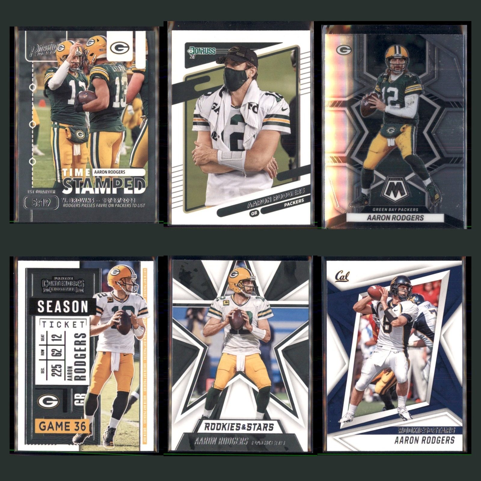 Aaron Rodgers Lot 6 Football Cards 2022 Panini Prestige Time Stamped Packers Set card scans. Overall card condition is Near Mint.
