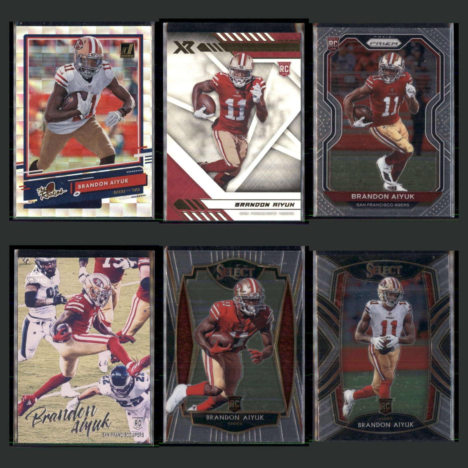 Brandon Aiyuk Rookie Lot 6 Football Cards 2020 Donruss Blue San Francisco 49ers card scans. Overall card condition is Near Mint.