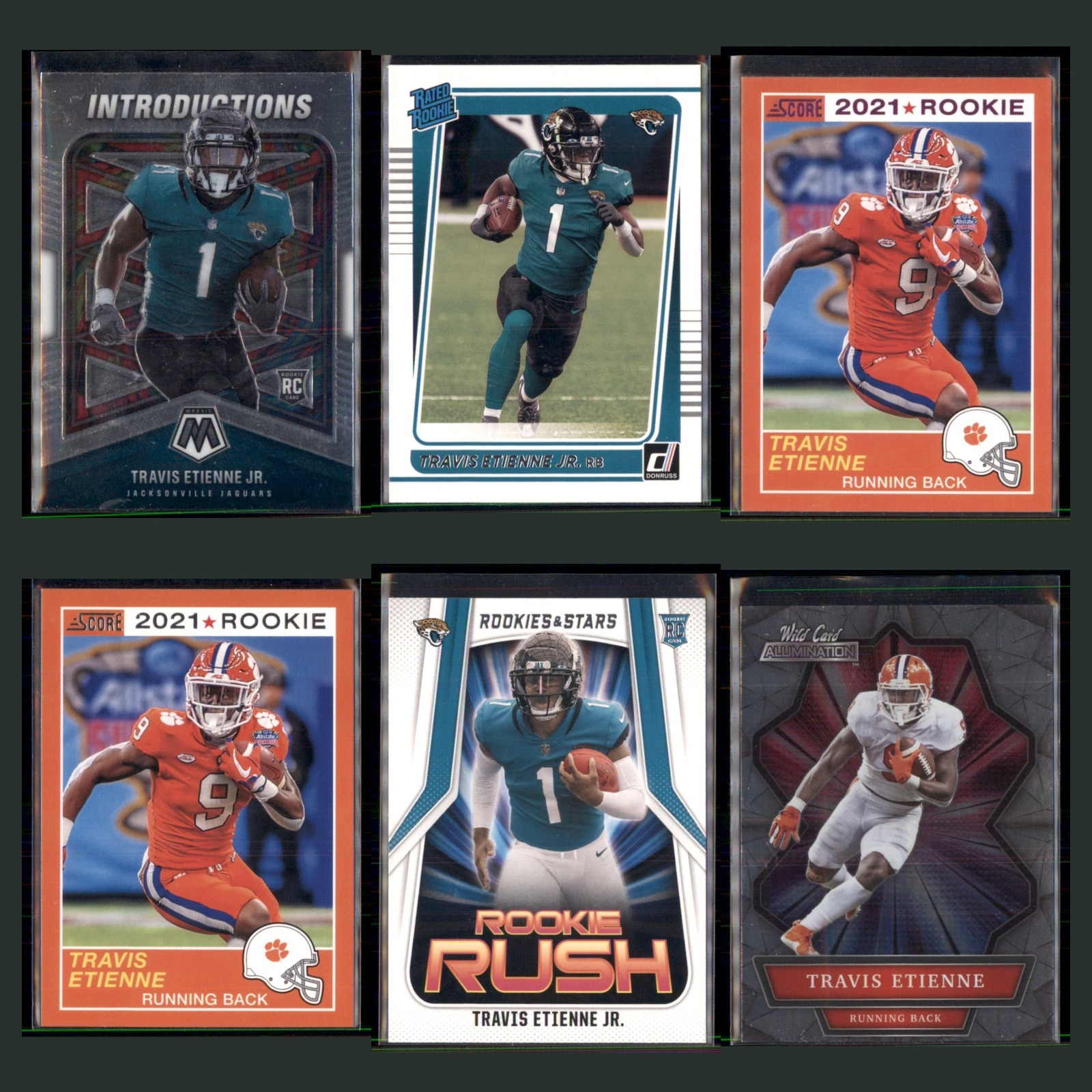 Travis Etienne Jr. Rookie Lot 6 Football Cards 2021 Mosaic Introductions Jaguars card scans. Overall card condition is Near Mint.