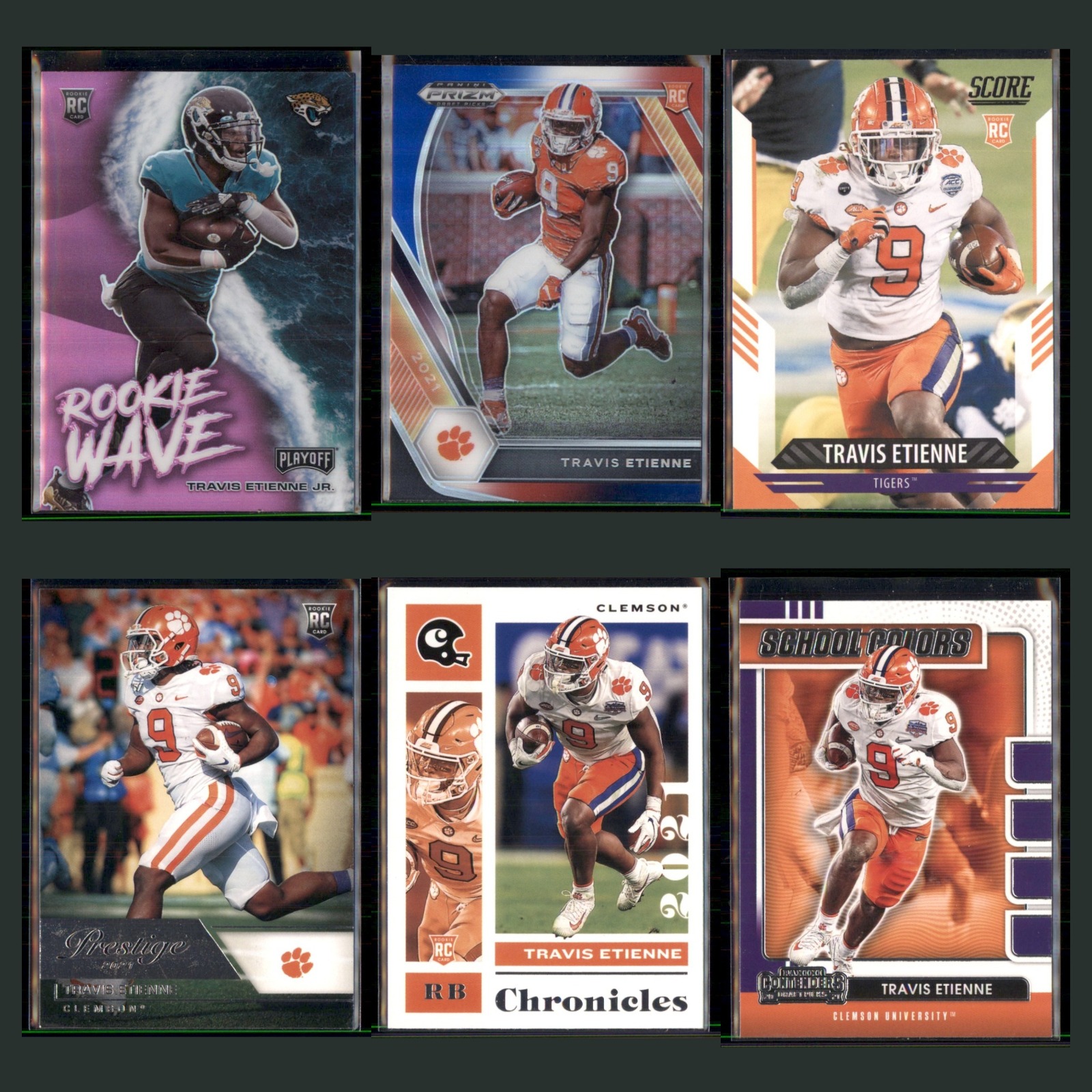 Travis Etienne Jr. Rookie Lot 6 Football Cards 2021 Jacksonville Jaguars Set NFL card scans. Overall card condition is Near Mint.