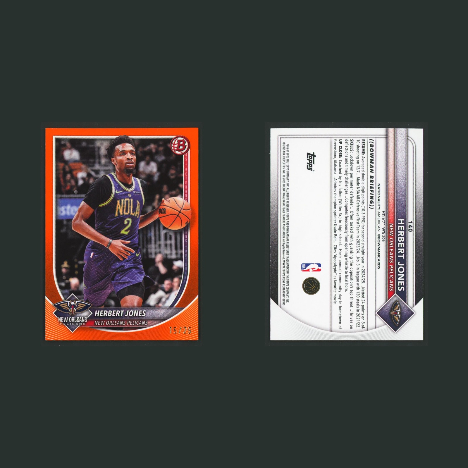 Herbert Jones /25 #BCV-140 2025-26 Bowman Orange New Orleans Pelicans Basketball front and back scans. Card condition is Near Mint.