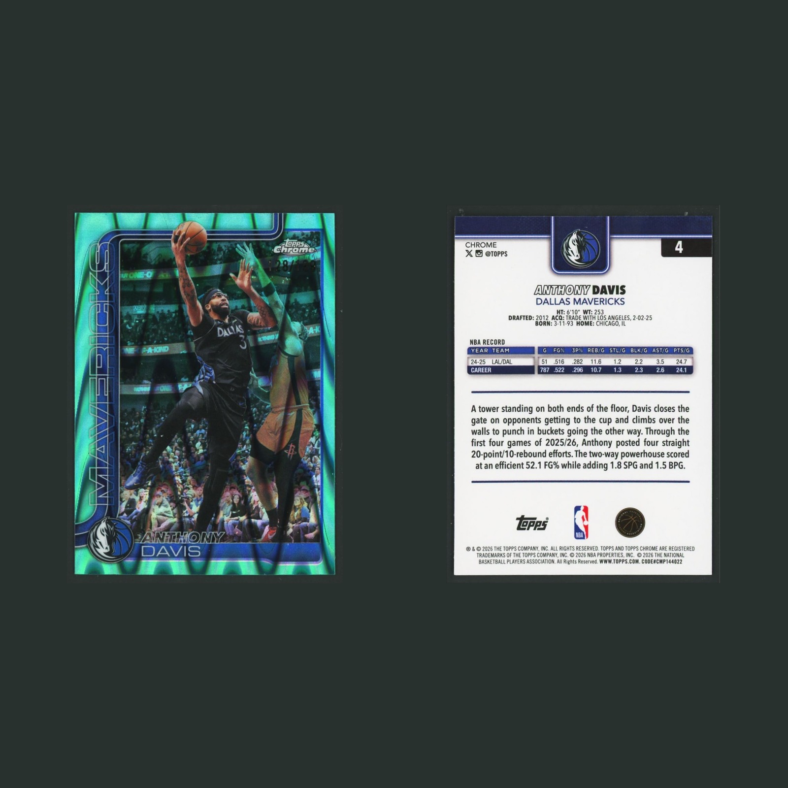 Anthony Davis /199 #4 2026-27 Topps Chrome Aqua RayWave Refractor Mavericks Card front and back scans. Card condition is Near Mint.