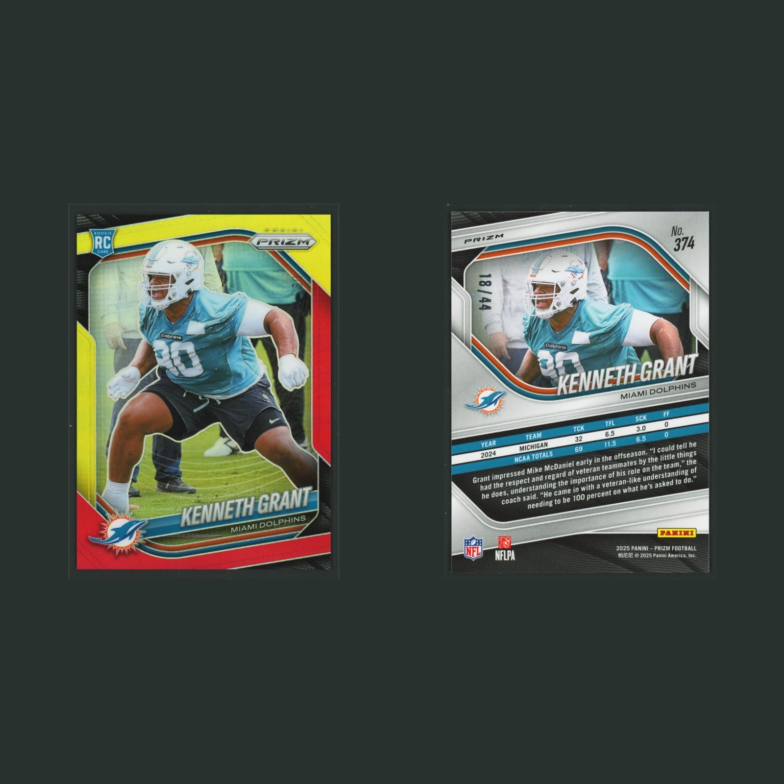 Kenneth Grant Rookie /44 #374 2025 Panini Prizm Red and Yellow Miami Dolphins front and back scans. Card condition is Near Mint.
