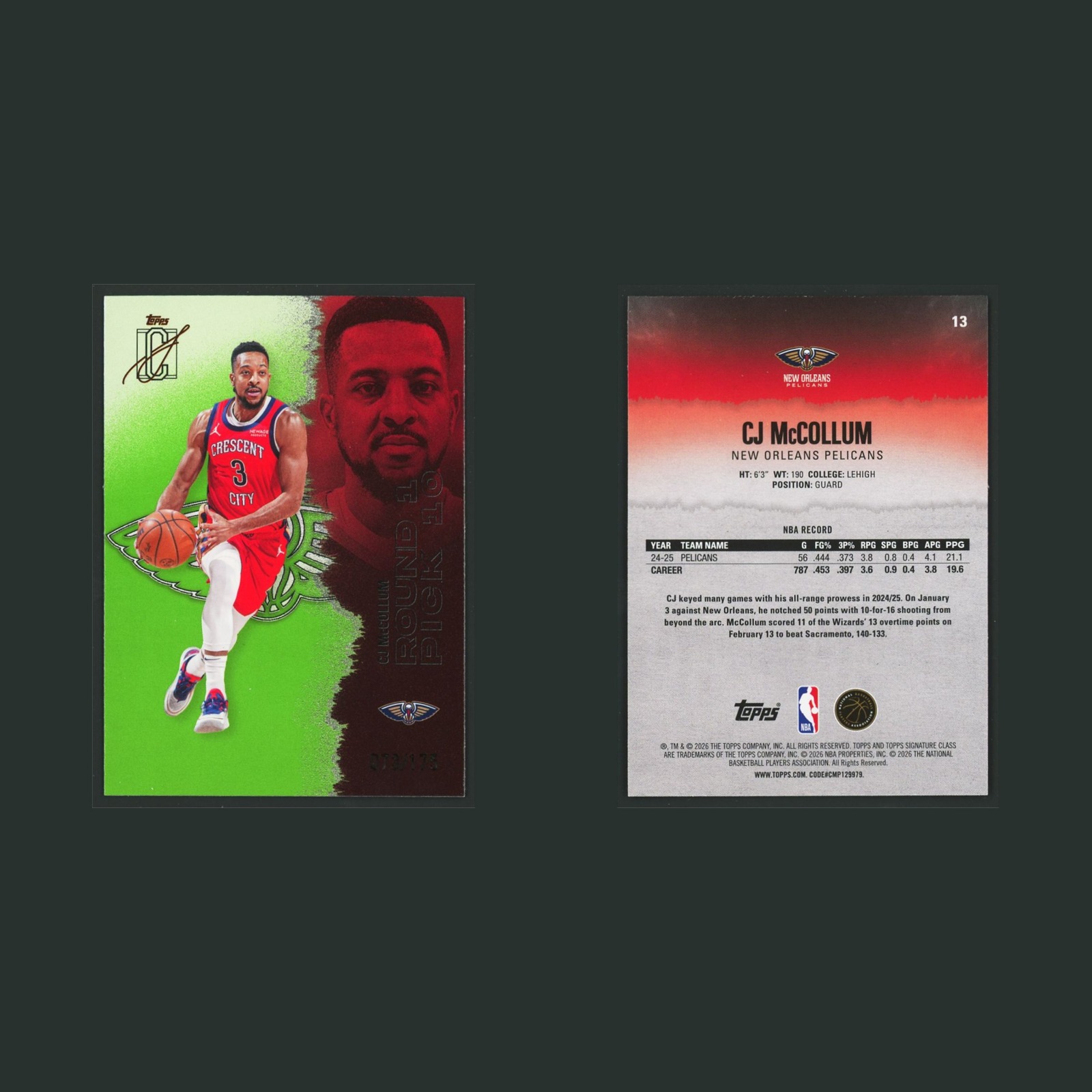 CJ McCollum /175 #13 2025-26 Topps Signature Class Lime Green Pelicans Card NBA front and back scans. Card condition is Near Mint.