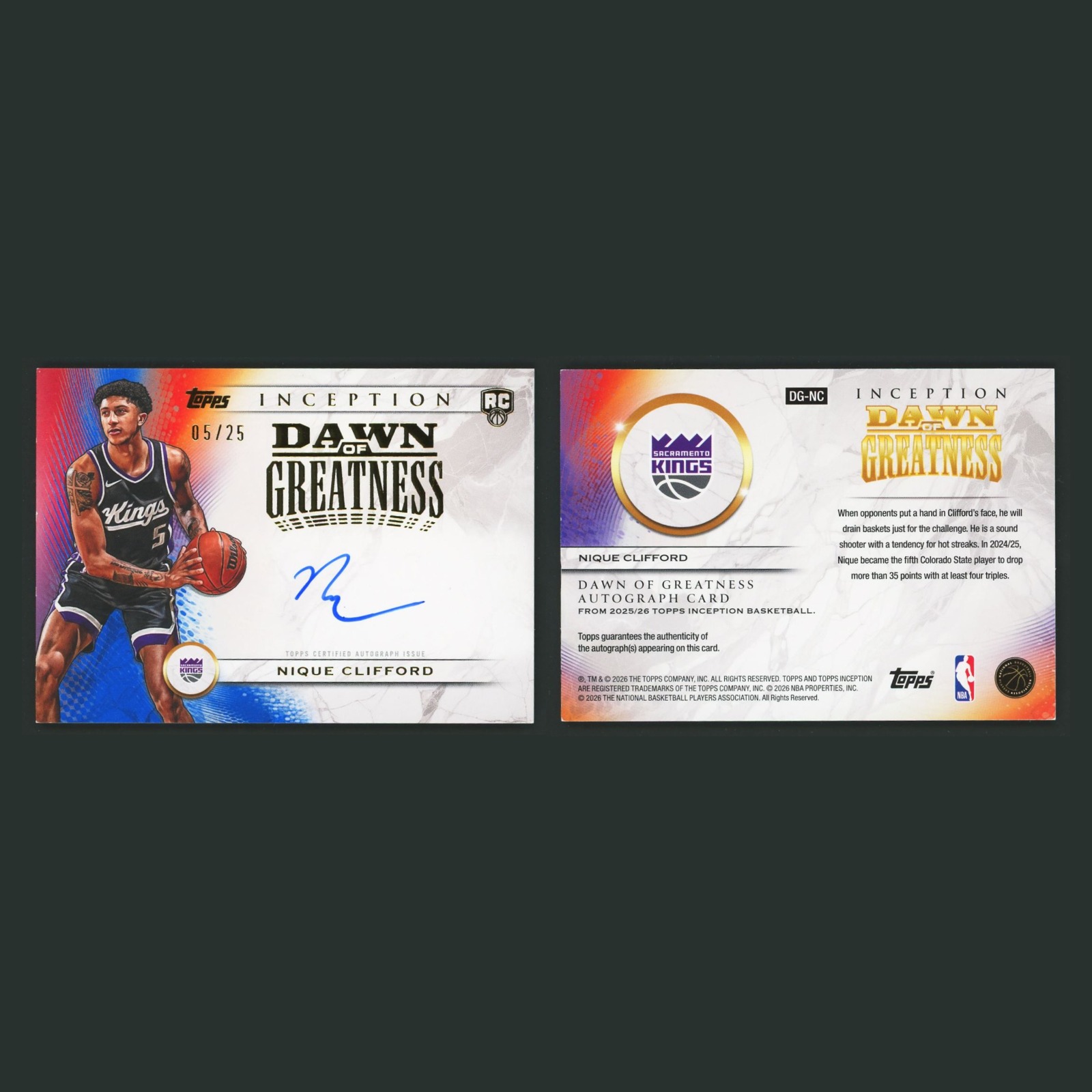 Nique Clifford Rookie /25 #DG-NC Autograph 2026-27 Sacramento Kings Basketball front and back scans. Card condition is Excellent.