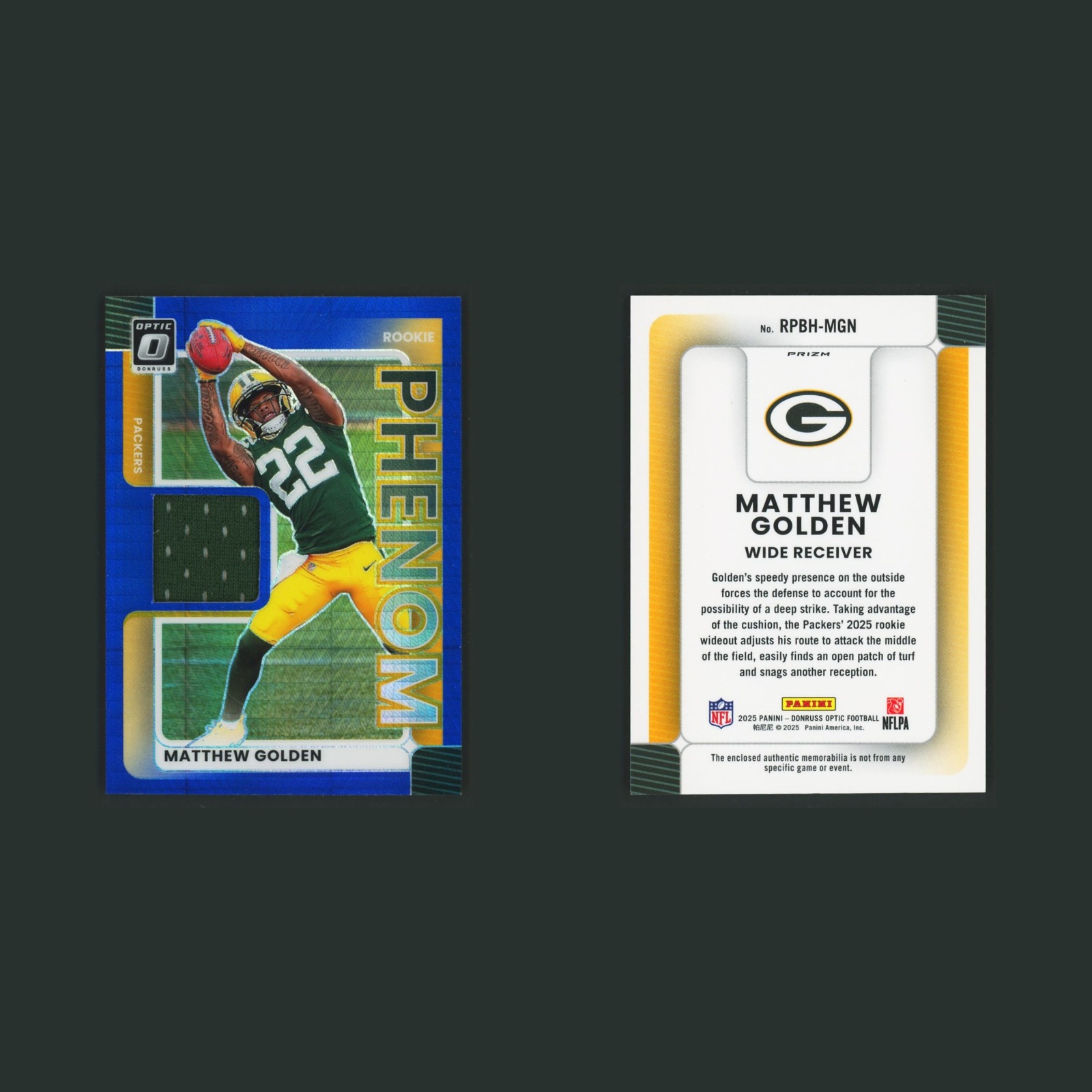 Matthew Golden Rookie #RPBH-MGN 2025 Donruss Optic Rookie Phenoms Blue Packers front and back scans. Card condition is Near Mint.