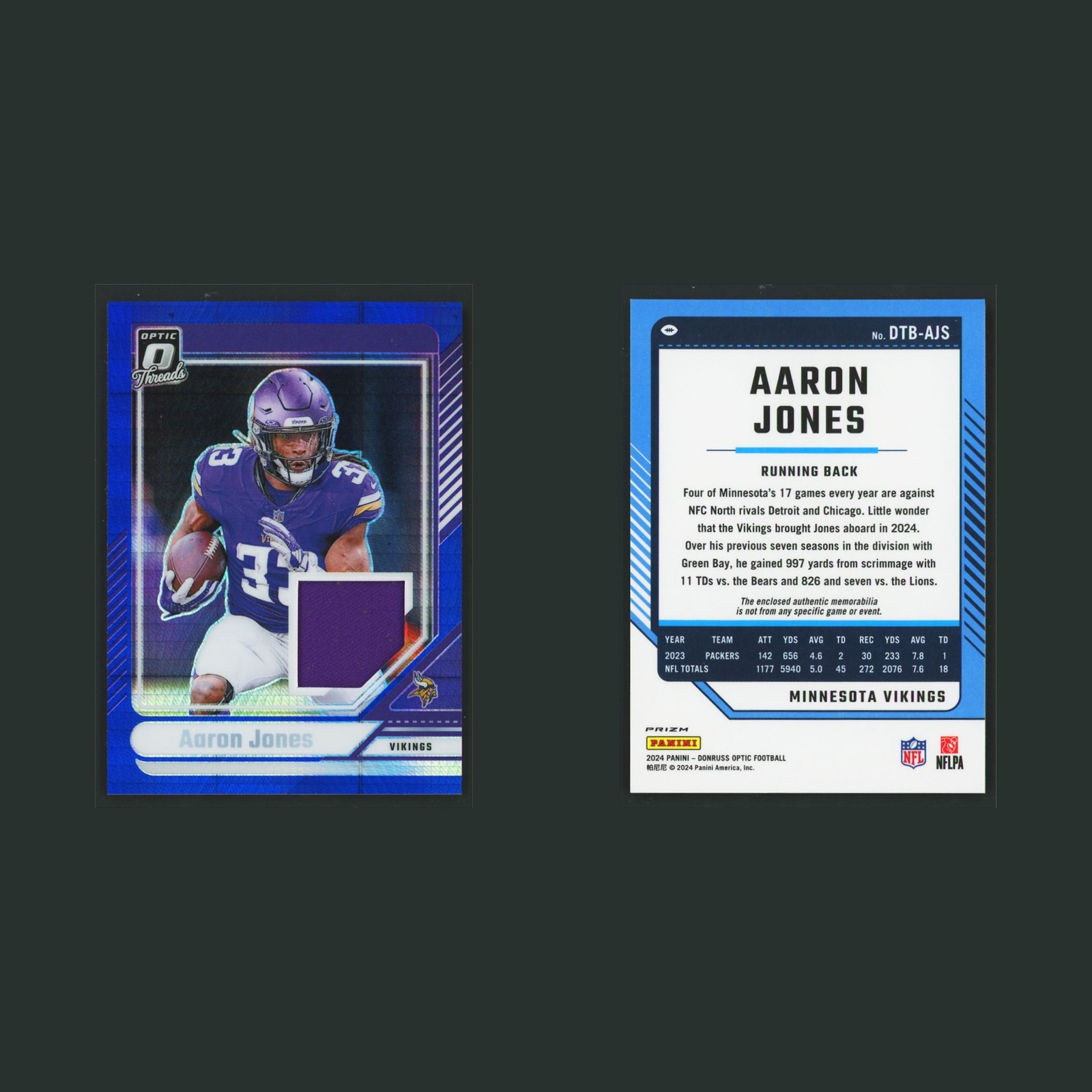 Aaron Jones #DTB-AJS 2024 Donruss Optic Threads Blue Hyper Prizm Vikings Card front and back scans. Card condition is Near Mint.