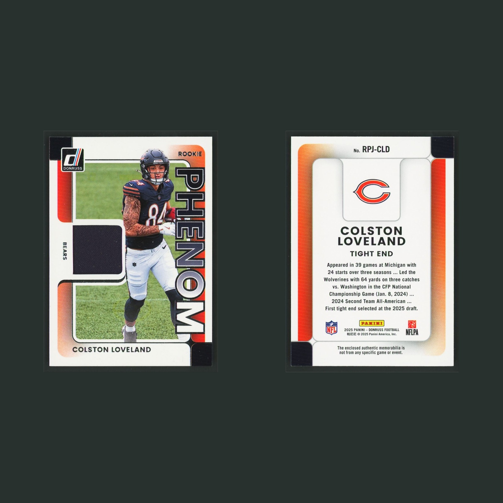 Colston Loveland Rookie #RPJ-CLD 2025 Donruss Rookie Phenom Chicago Bears Card front and back scans. Card condition is Near Mint.