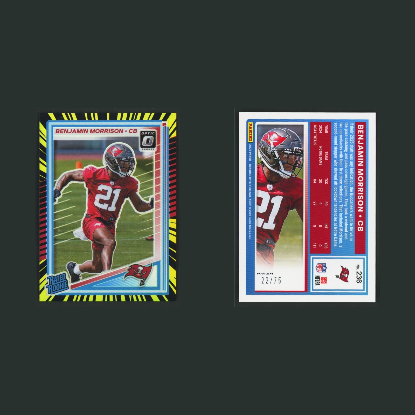 Benjamin Morrison Rookie /75 #236 2025 Donruss Optic Electricity Buccaneers Card front and back scans. Card condition is Near Mint.