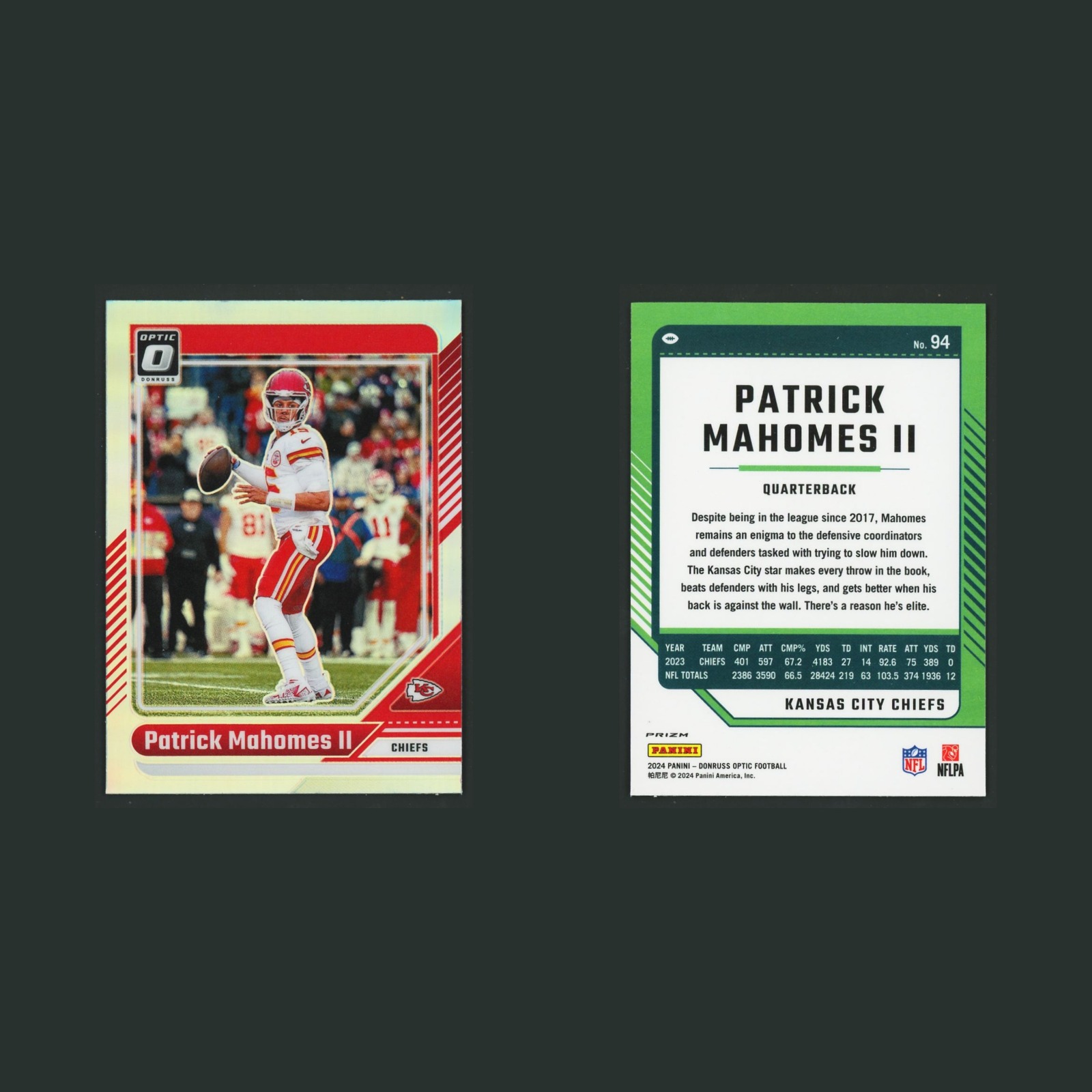 Patrick Mahomes II #94 2024 Donruss Optic Silver Holo Prizm Kansas City Chiefs front and back scans. Card condition is Near Mint.