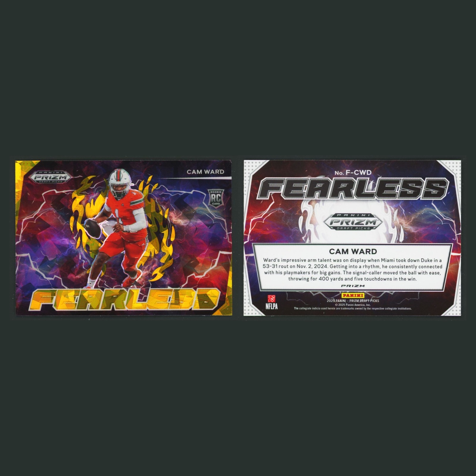 Cam Ward Rookie #F-CWD 2025 Prizm Draft Picks Fearless Gold Ice Tennessee Titans front and back scans. Card condition is Near Mint.