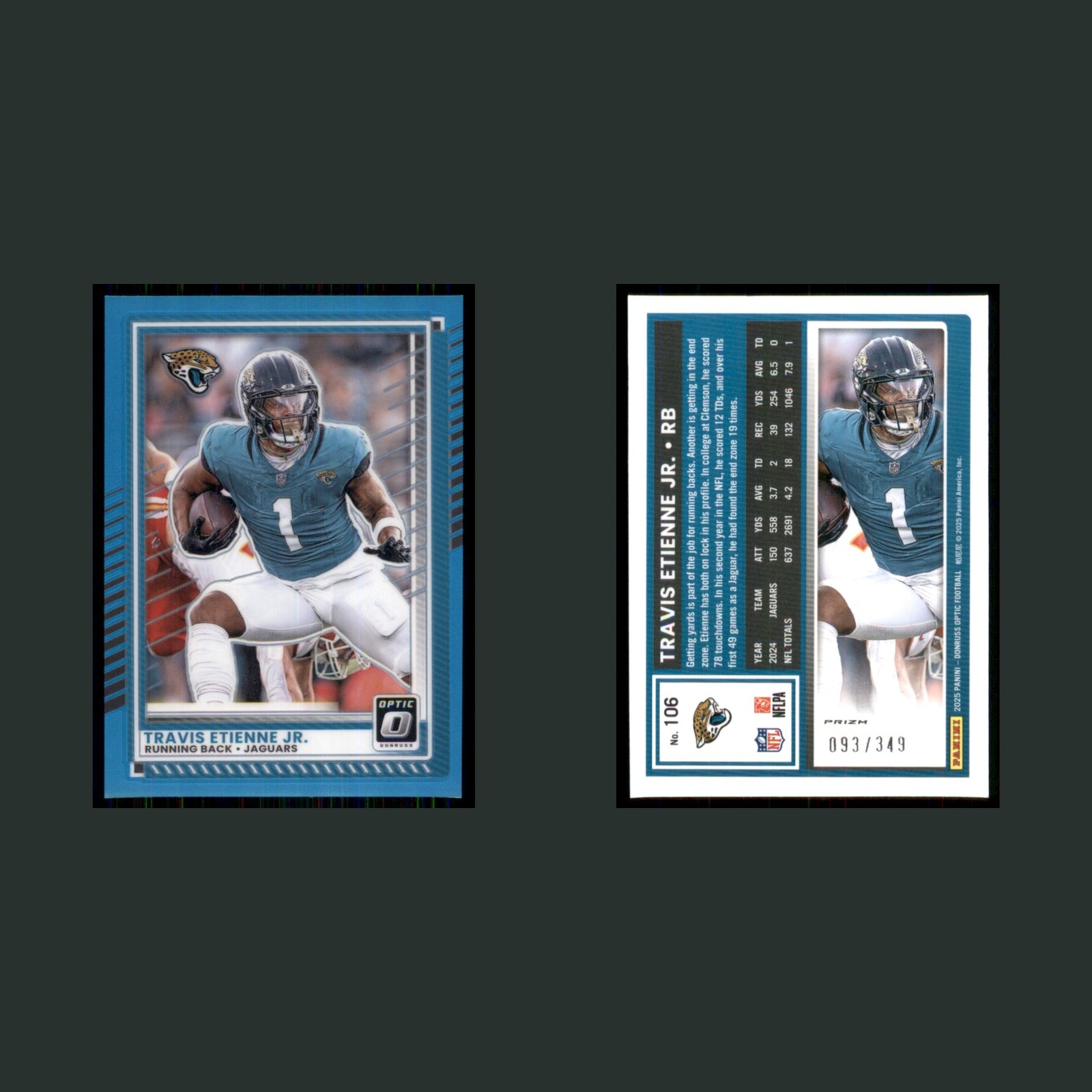 Travis Etienne Jr /349 #106 2025 Donruss Optic Aqua Jacksonville Jaguars Card front and back scans. Card condition is Near Mint.