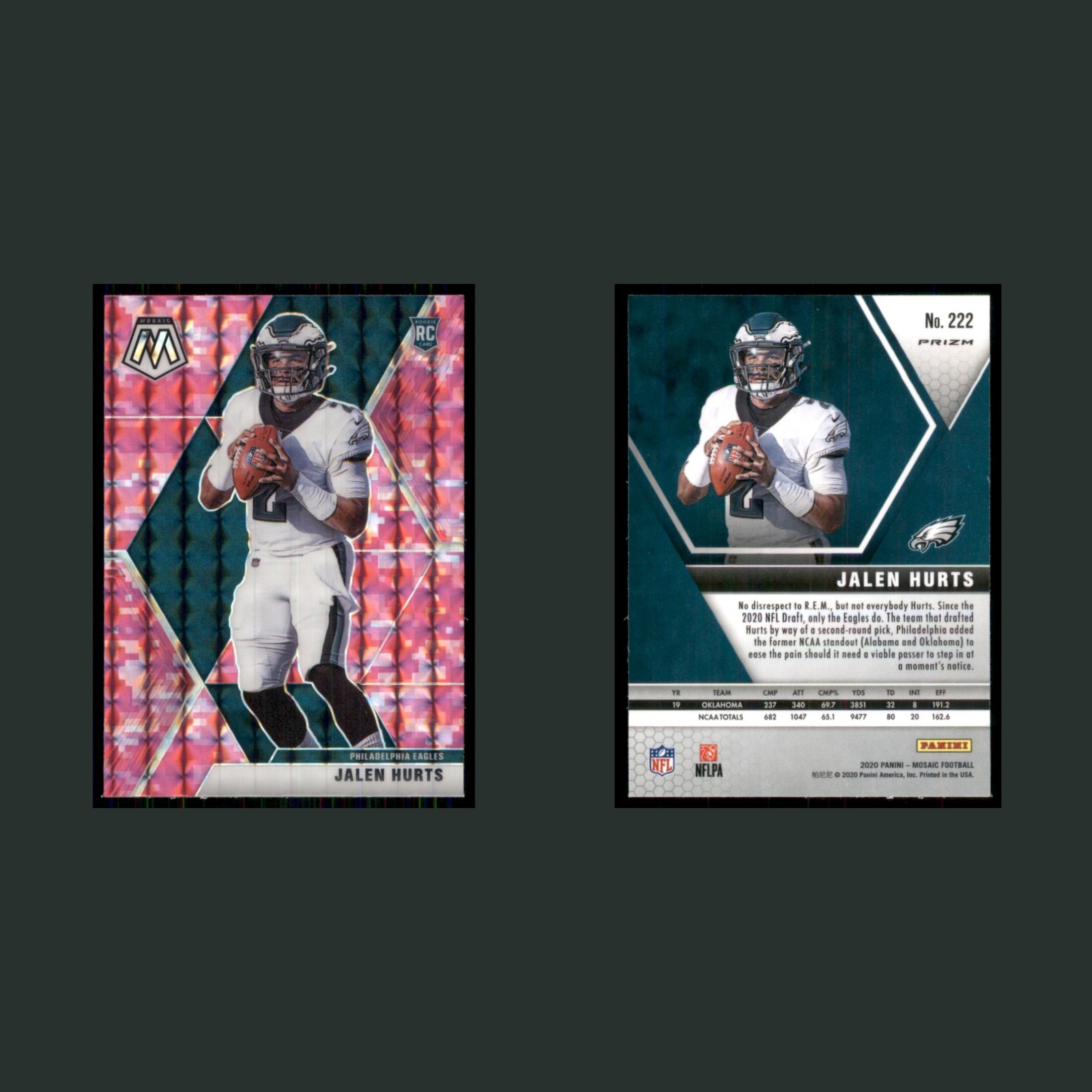 Jalen Hurts Rookie #222 2020 Panini Mosaic Camo Pink Philadelphia Eagles Card front and back scans. Card condition is Near Mint.