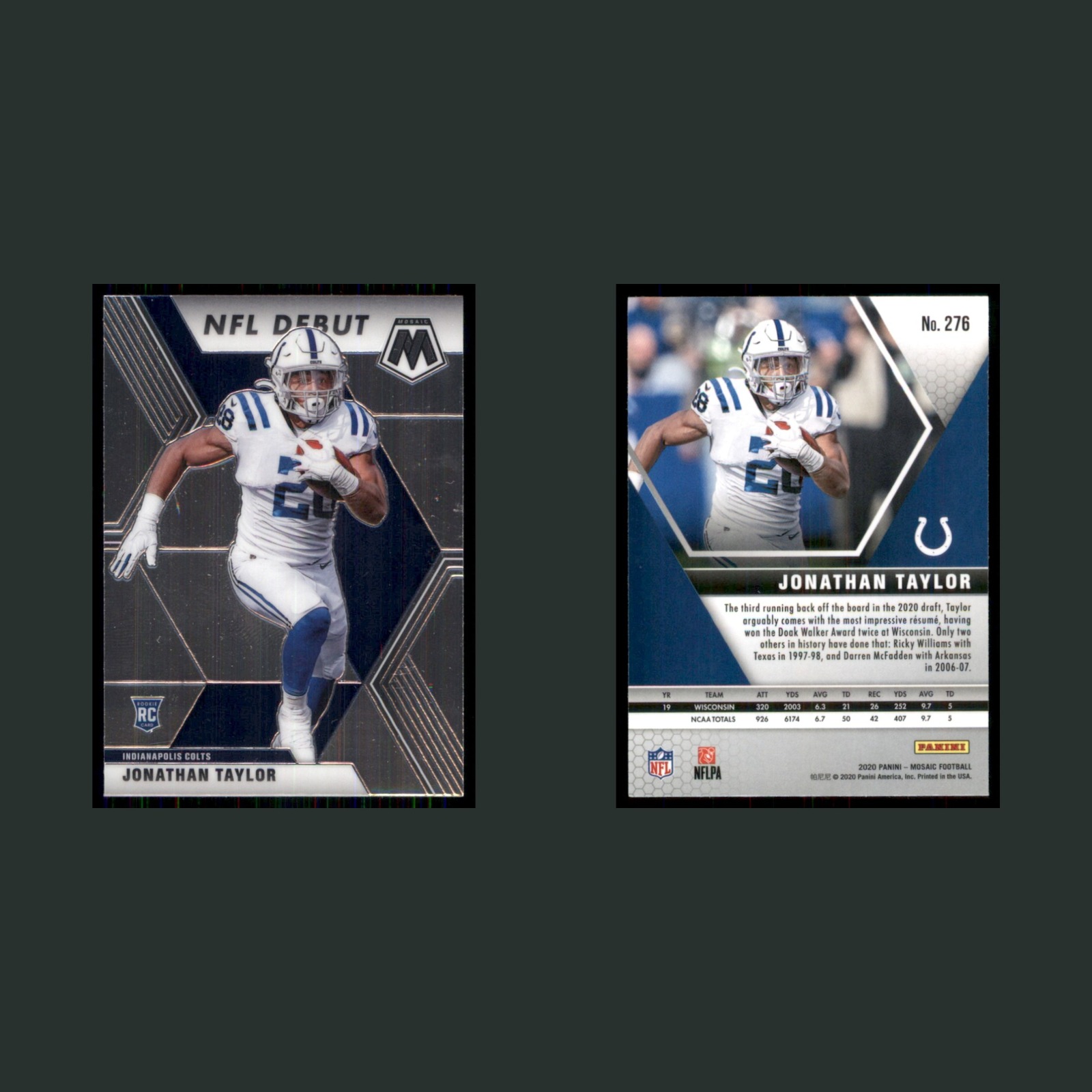 Jonathan Taylor Rookie #276 2020 Panini Mosaic Indianapolis Colts Football Card front and back scans. Card condition is Near Mint.