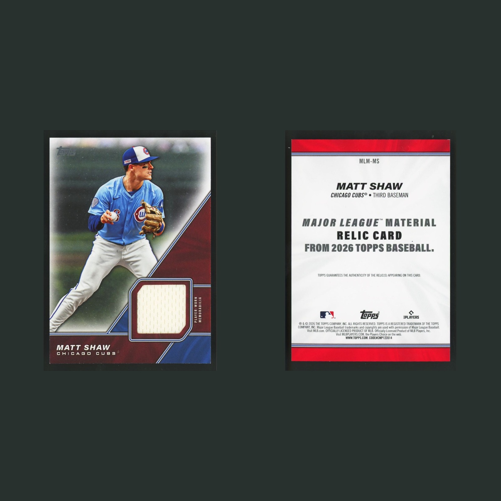 Matt Shaw Patch #MLM-MS 2026 Topps Major League Chicago Cubs Baseball Card MLB front and back scans. Card condition is Near Mint.