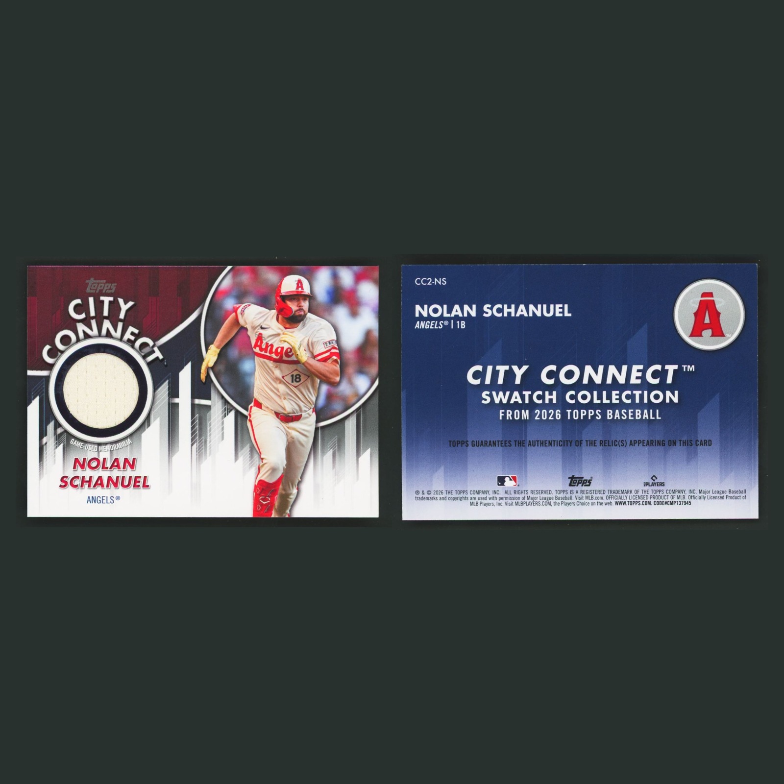 Nolan Schanuel Patch #CC2-NS 2026 Topps City Connect Swatch Collection Relics front and back scans. Card condition is Near Mint.