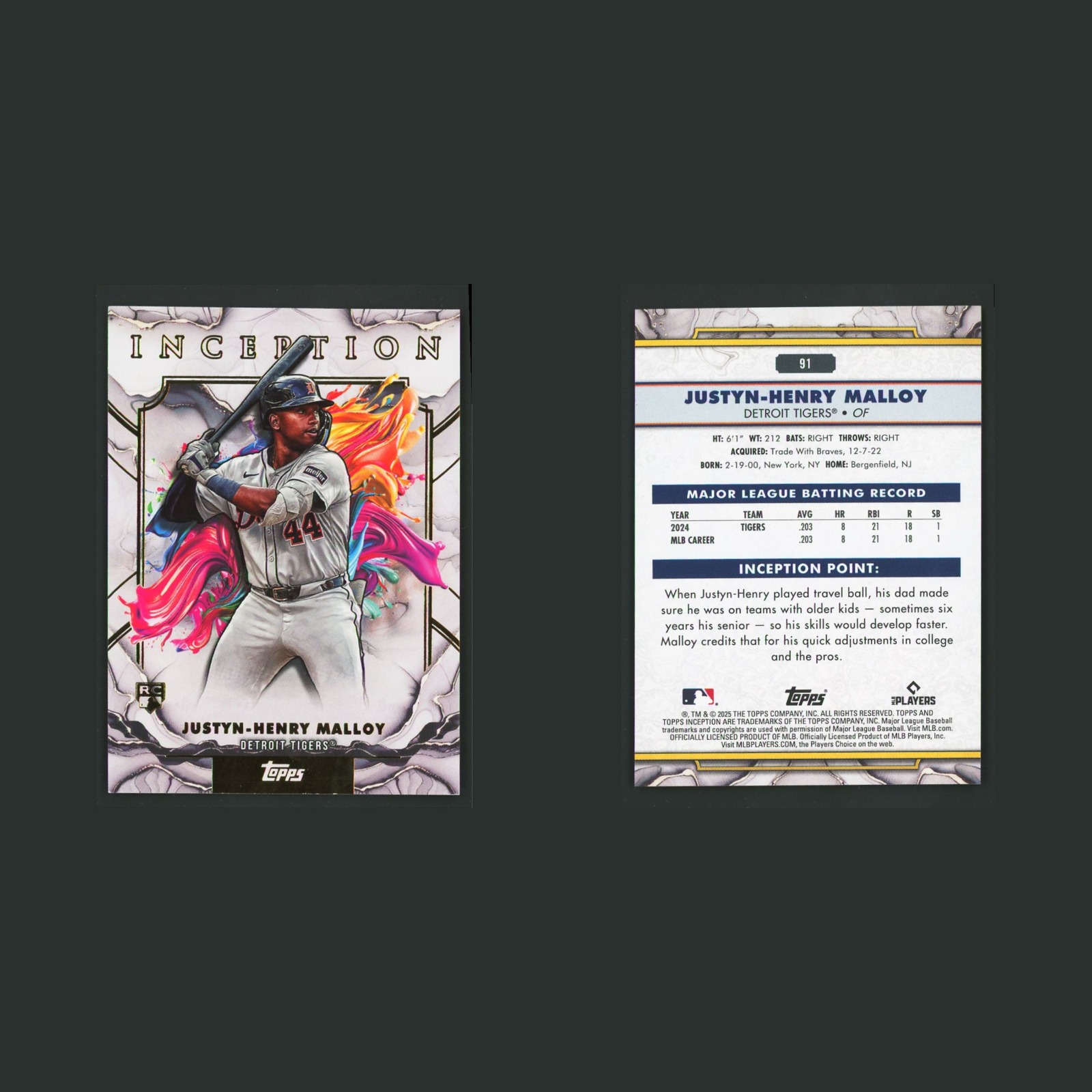 Justyn-Henry Malloy Rookie #91 2025 Topps Inception Detroit Tigers Baseball Card front and back scans. Card condition is Near Mint.