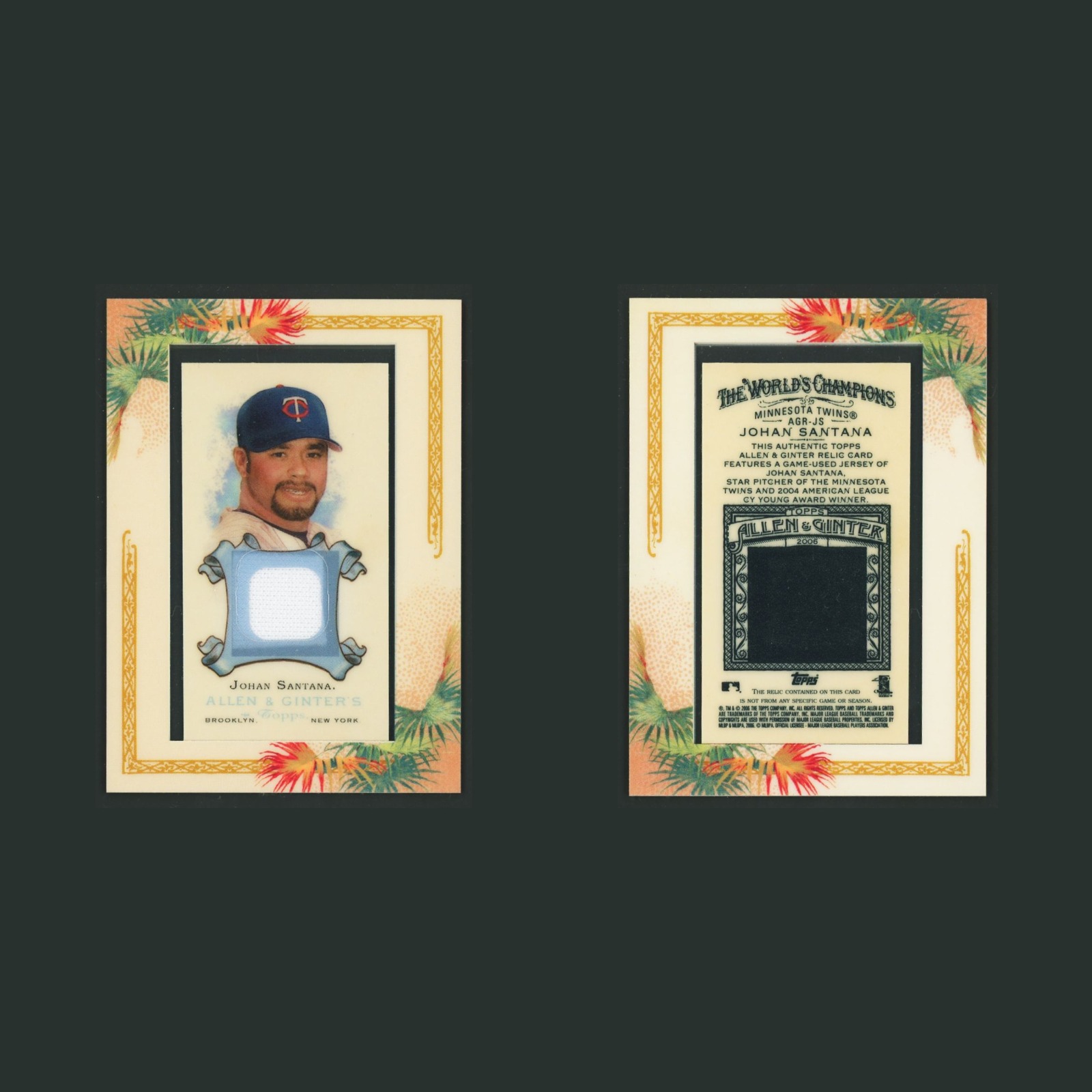 Johan Santana Patch #AGR-JS 2006 Topps Allen & Ginter Relics Minnesota Twins MLB front and back scans. Card condition is Near Mint.