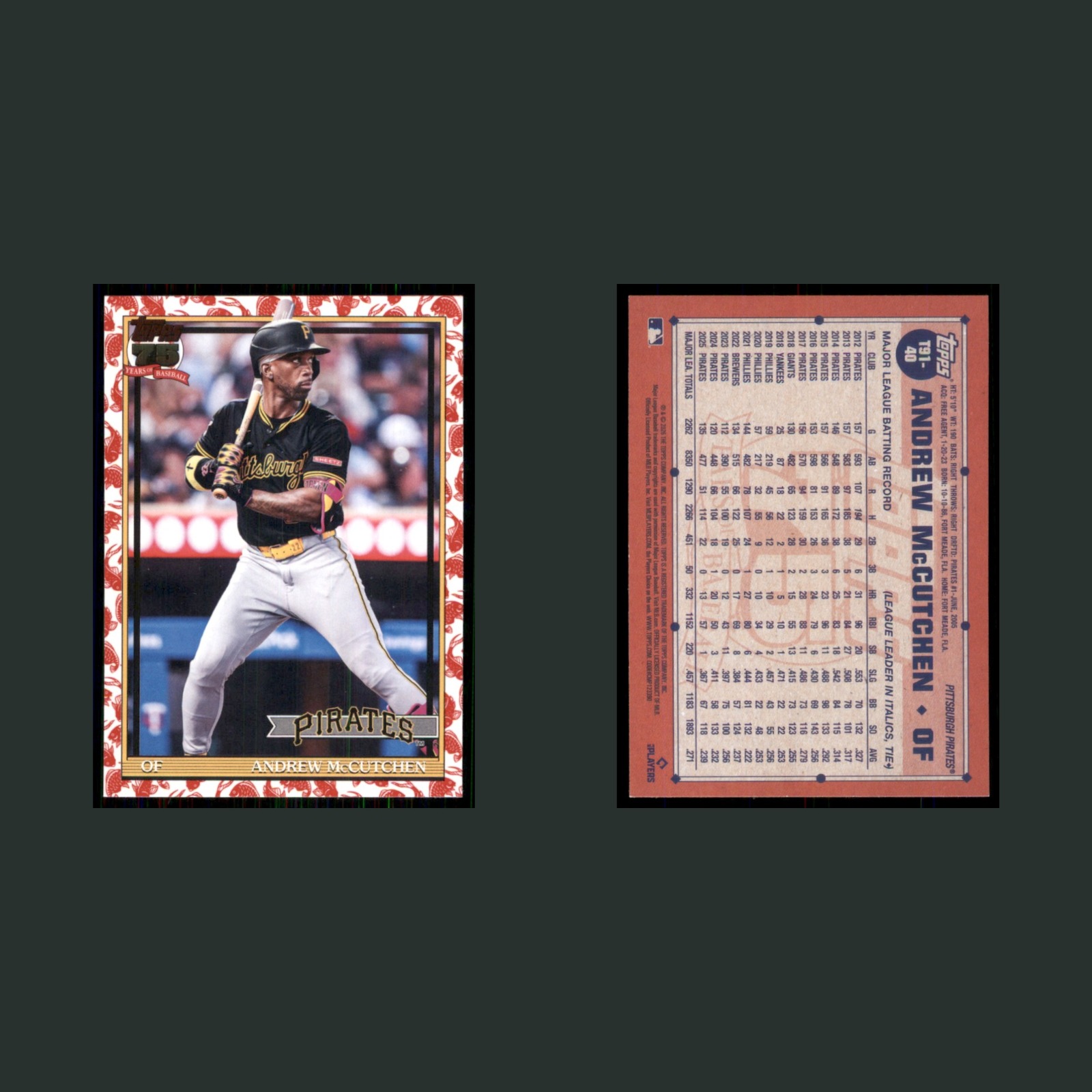 Andrew McCutchen #T91-40 2026 Topps Koi Fish Pittsburgh Pirates Baseball Card front and back scans. Card condition is Near Mint.