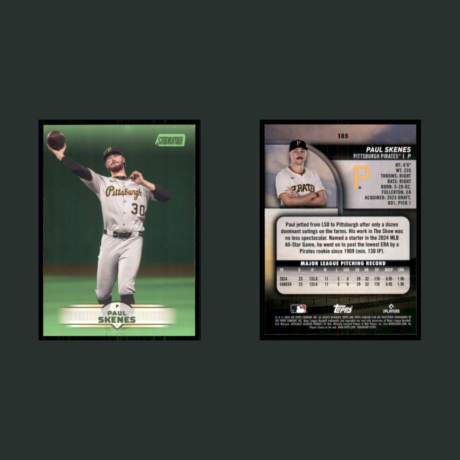 Paul Skenes #105 2025 Stadium Club Lime Green Foil Pittsburgh Pirates Baseball front and back scans. Card condition is Near Mint.