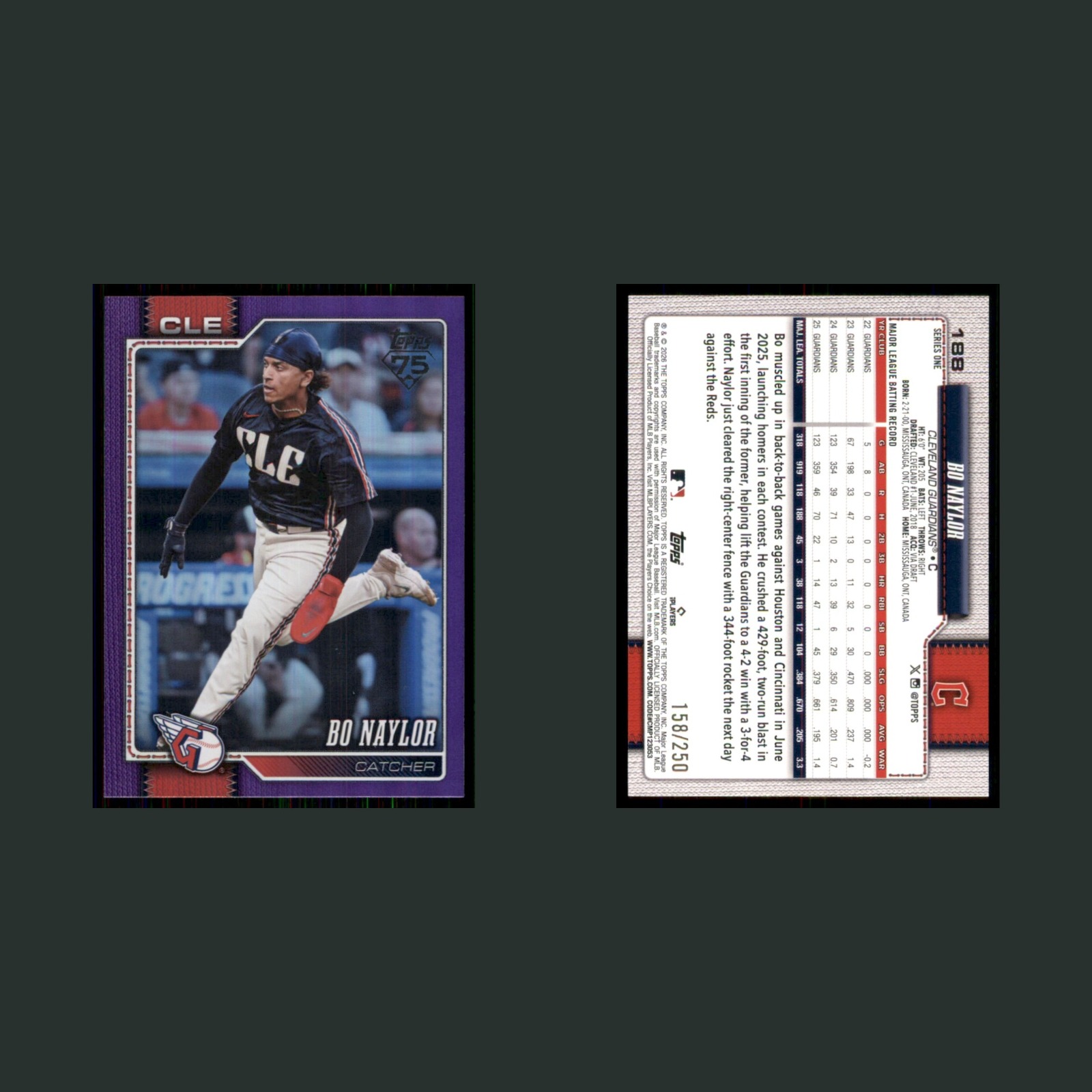 Bo Naylor /250 #188 2026 Topps Purple Foil Cleveland Guardians Baseball Card MLB front and back scans. Card condition is Near Mint.