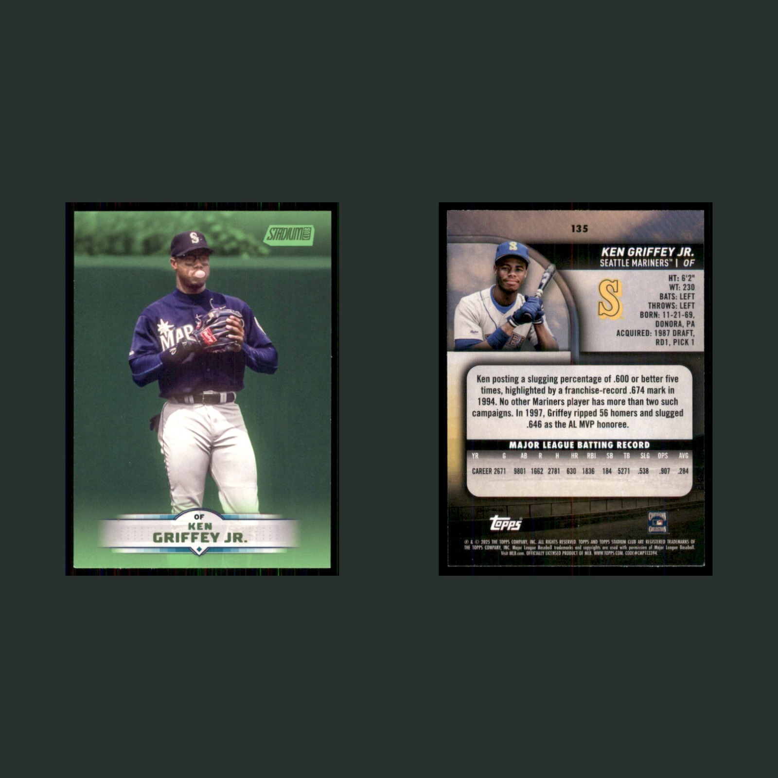 Ken Griffey Jr #135 2025 Stadium Club Lime Green Foil Seattle Mariners Baseball front and back scans. Card condition is Near Mint.