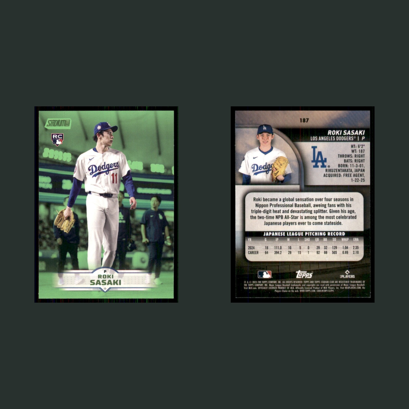 Roki Sasaki Rookie #187 2025 Stadium Club Lime Green Foil Los Angeles Dodgers front and back scans. Card condition is Near Mint.