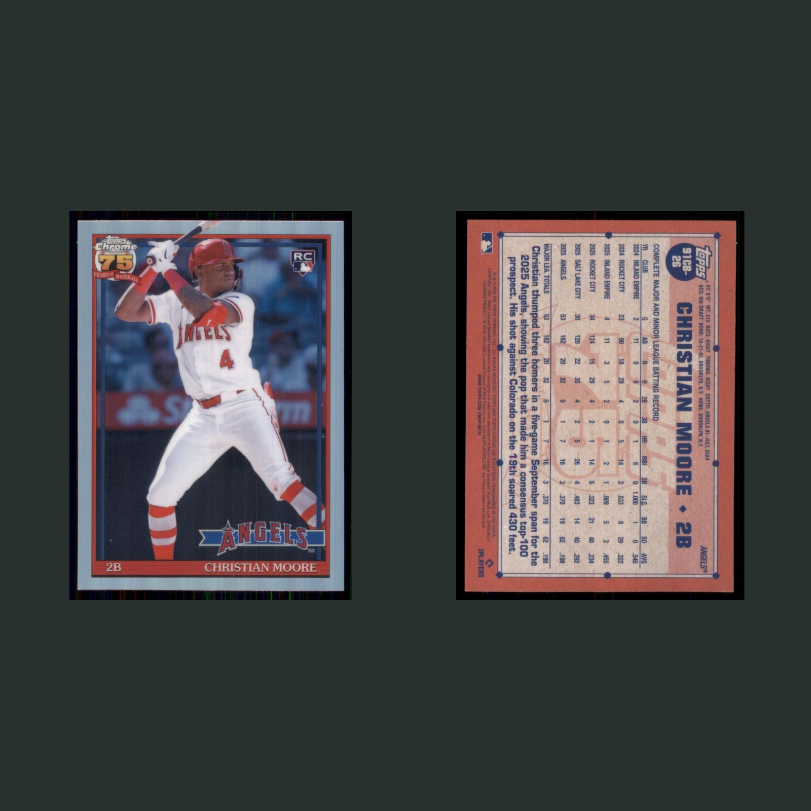 Christian Moore Rookie #91CB-26 2026 Topps Chrome Refractor Los Angeles Angels front and back scans. Card condition is Near Mint.